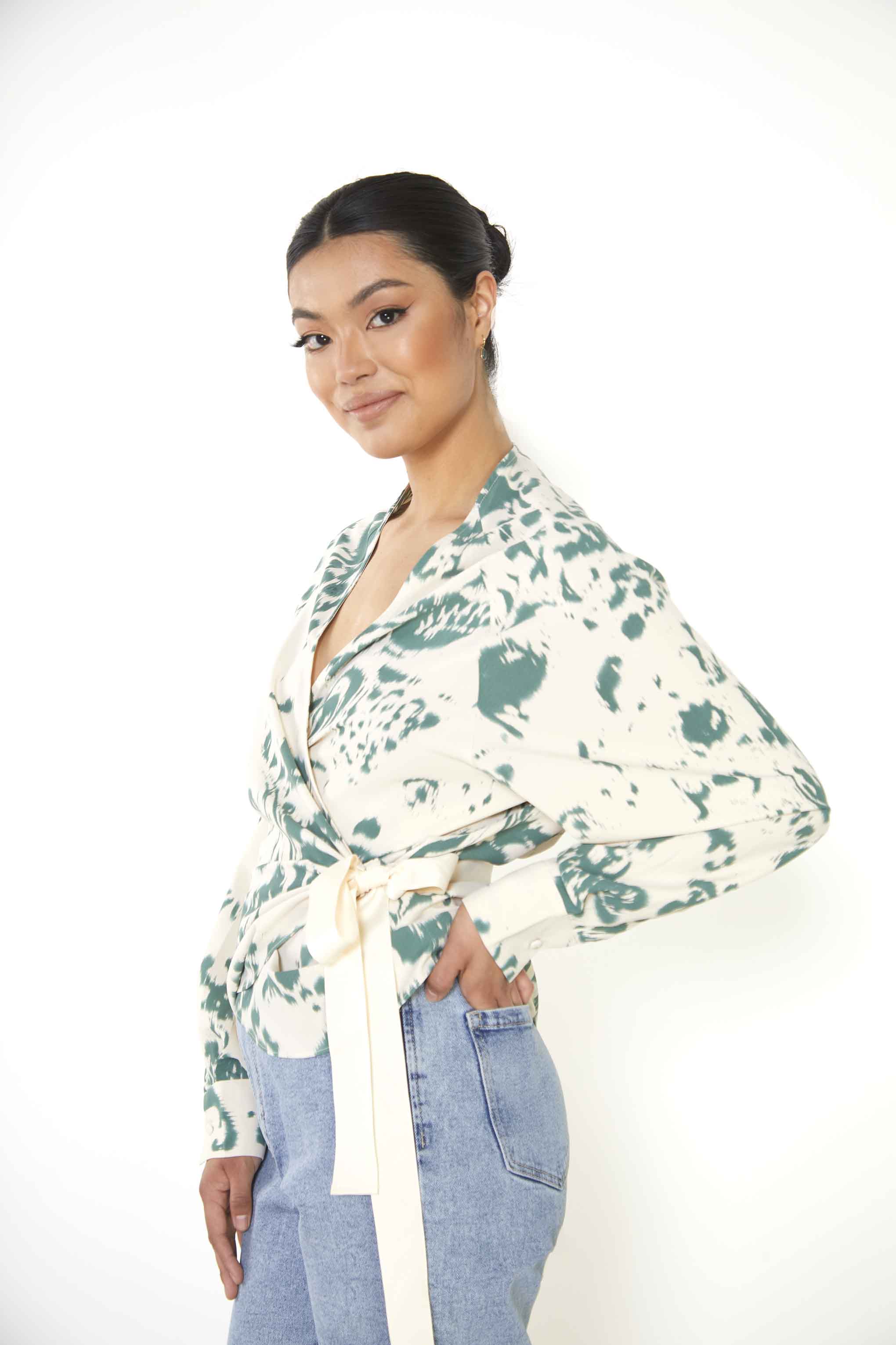 Glamorous Cream Green Abstract Oversized Blouse with Wrap Tie - Image 2
