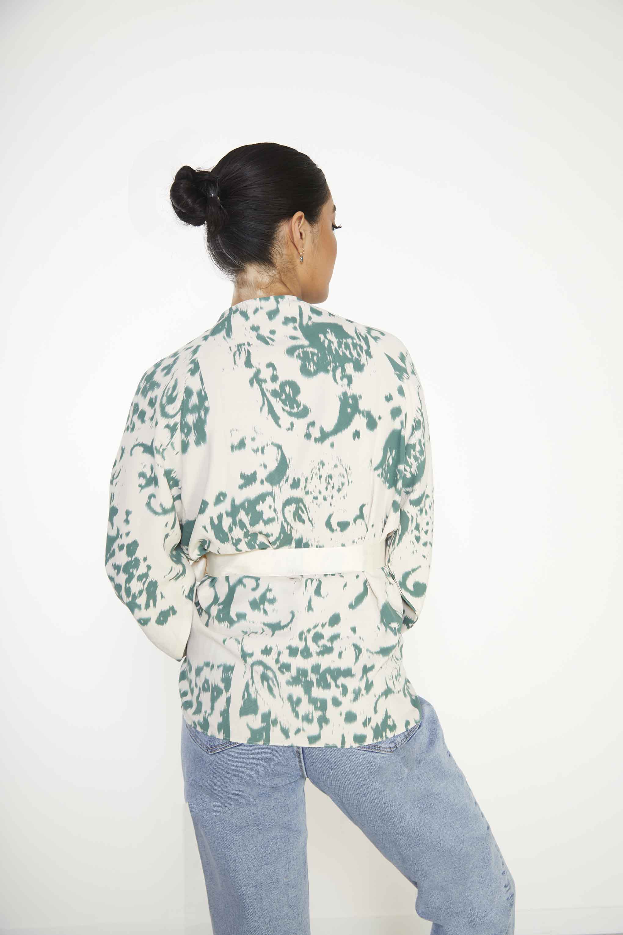 Glamorous Cream Green Abstract Oversized Blouse with Wrap Tie - Image 3