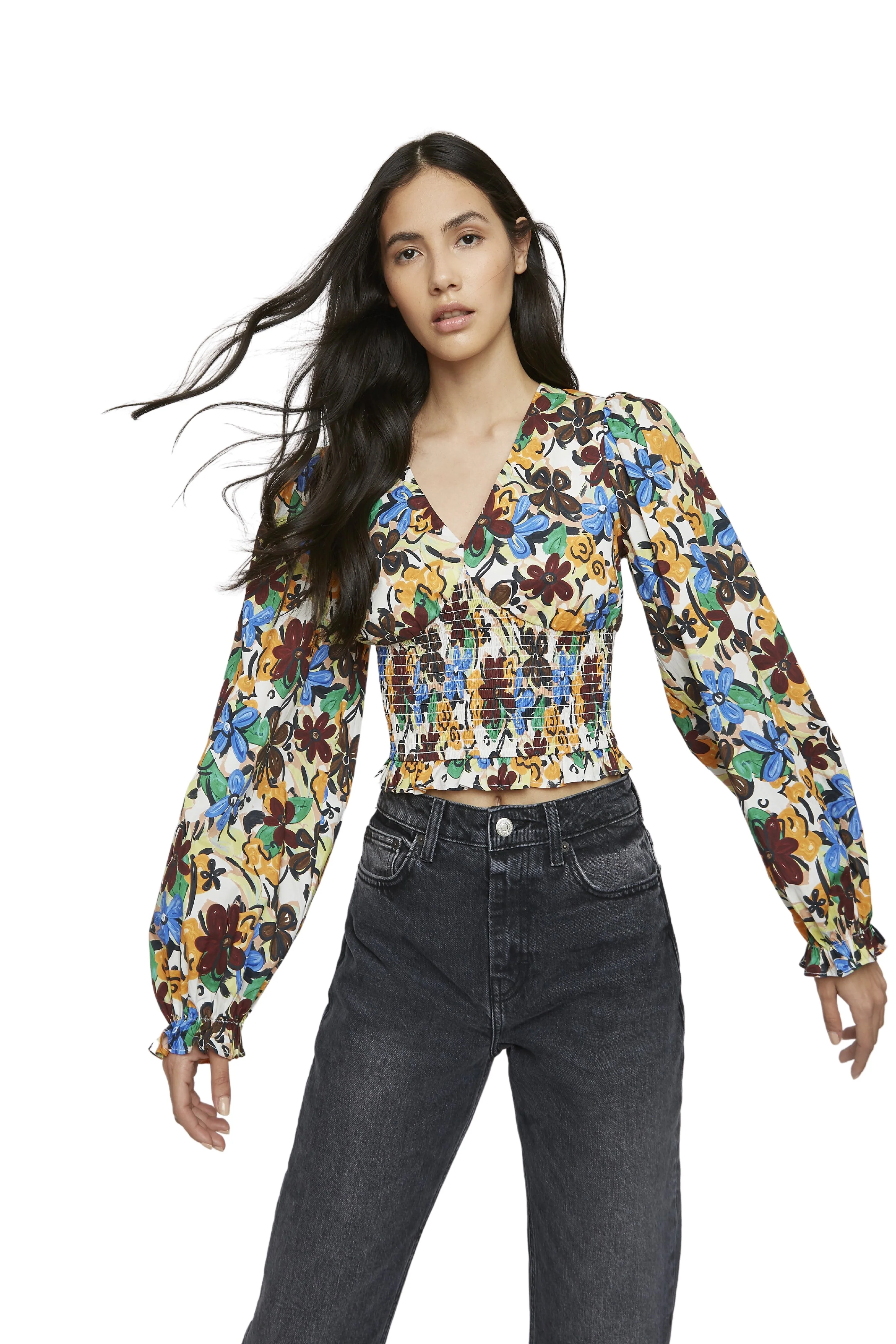 Glamorous Spring Floral V- Neck Long Sleeve Elasticated Blouse