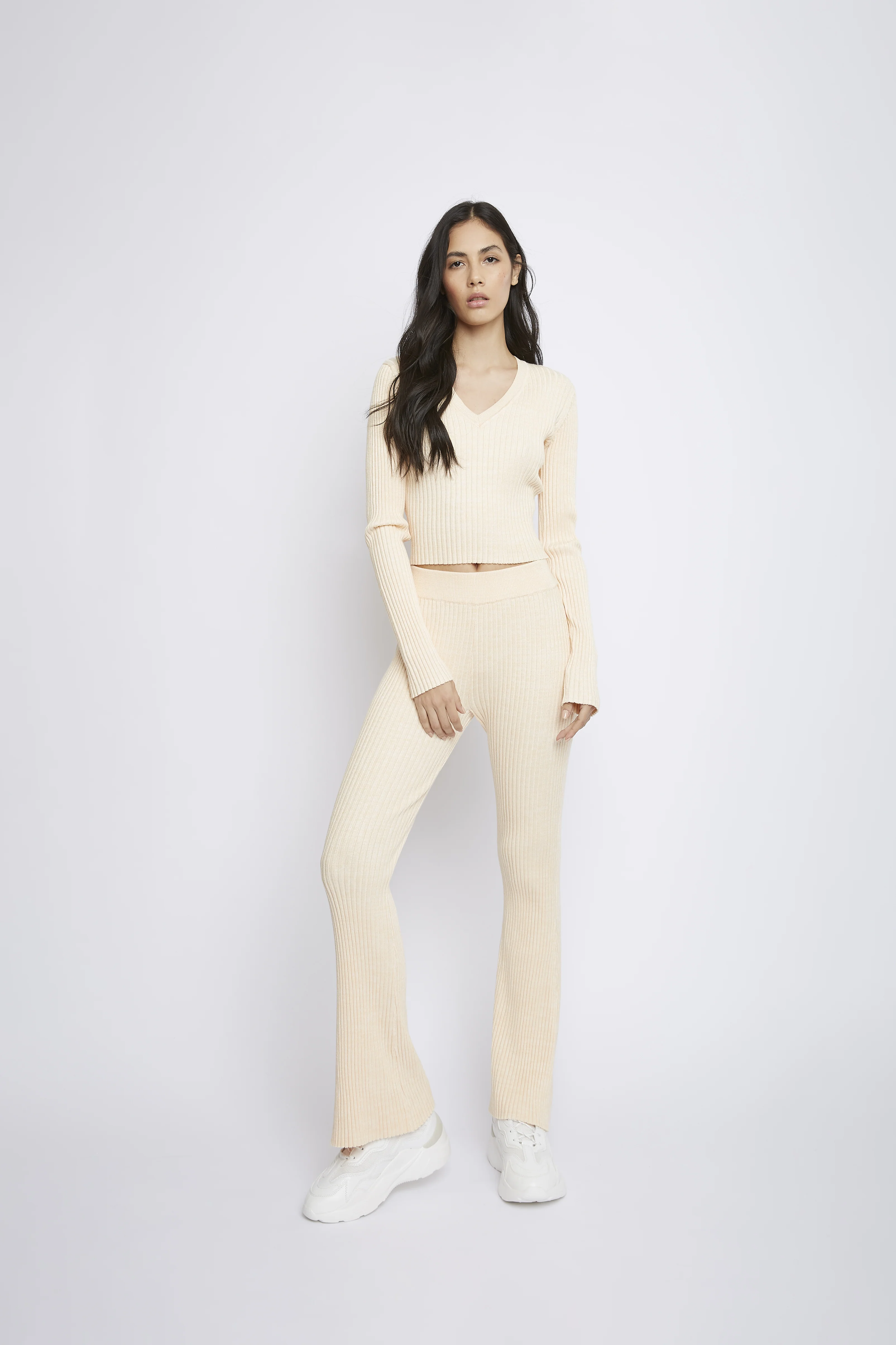 Glamorous Light Peach V-Neck Ribbed Top - Image 3