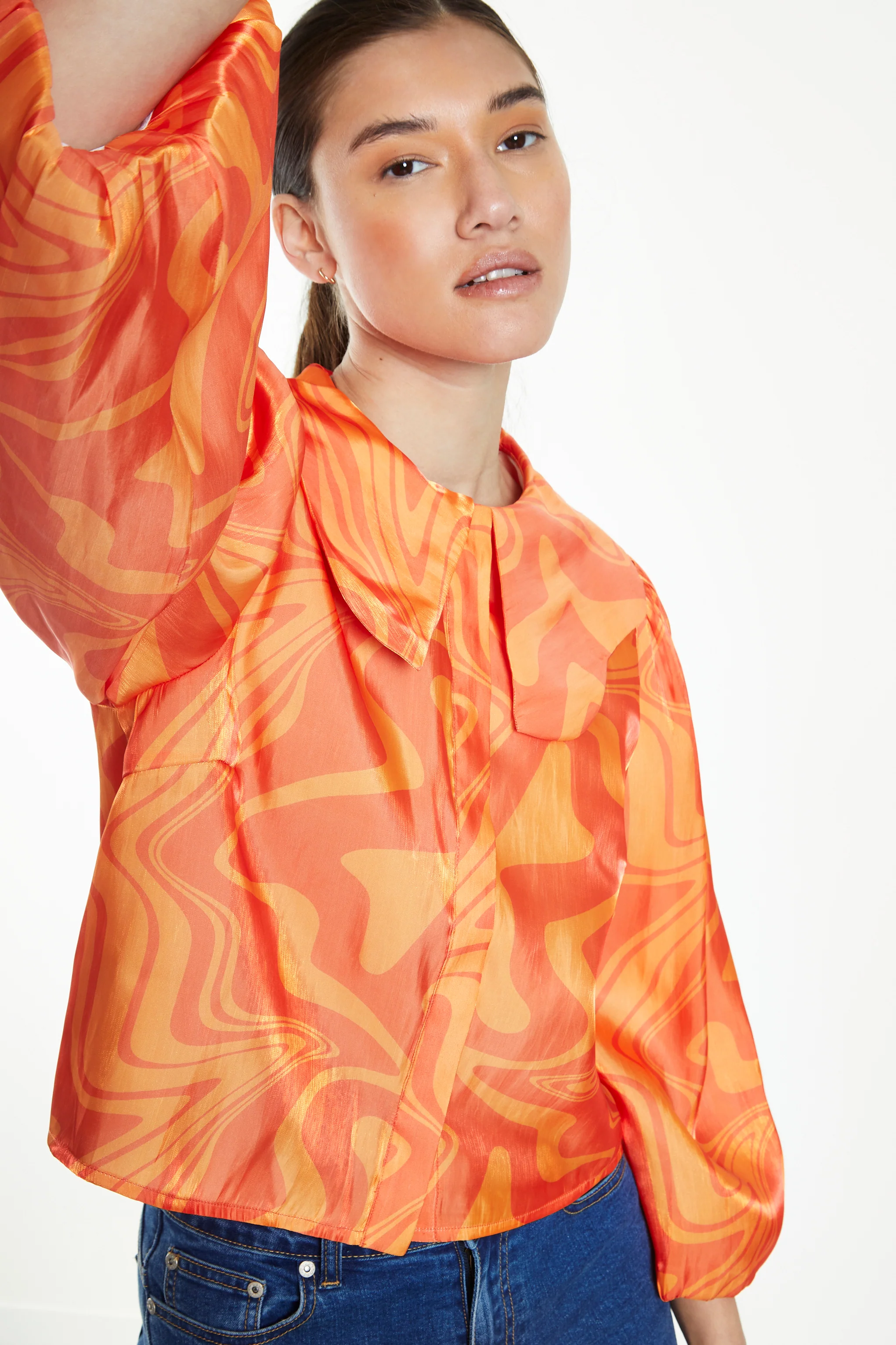 Glamorous Orange Marble Boxy Shirt with Statement Collar - Image 3