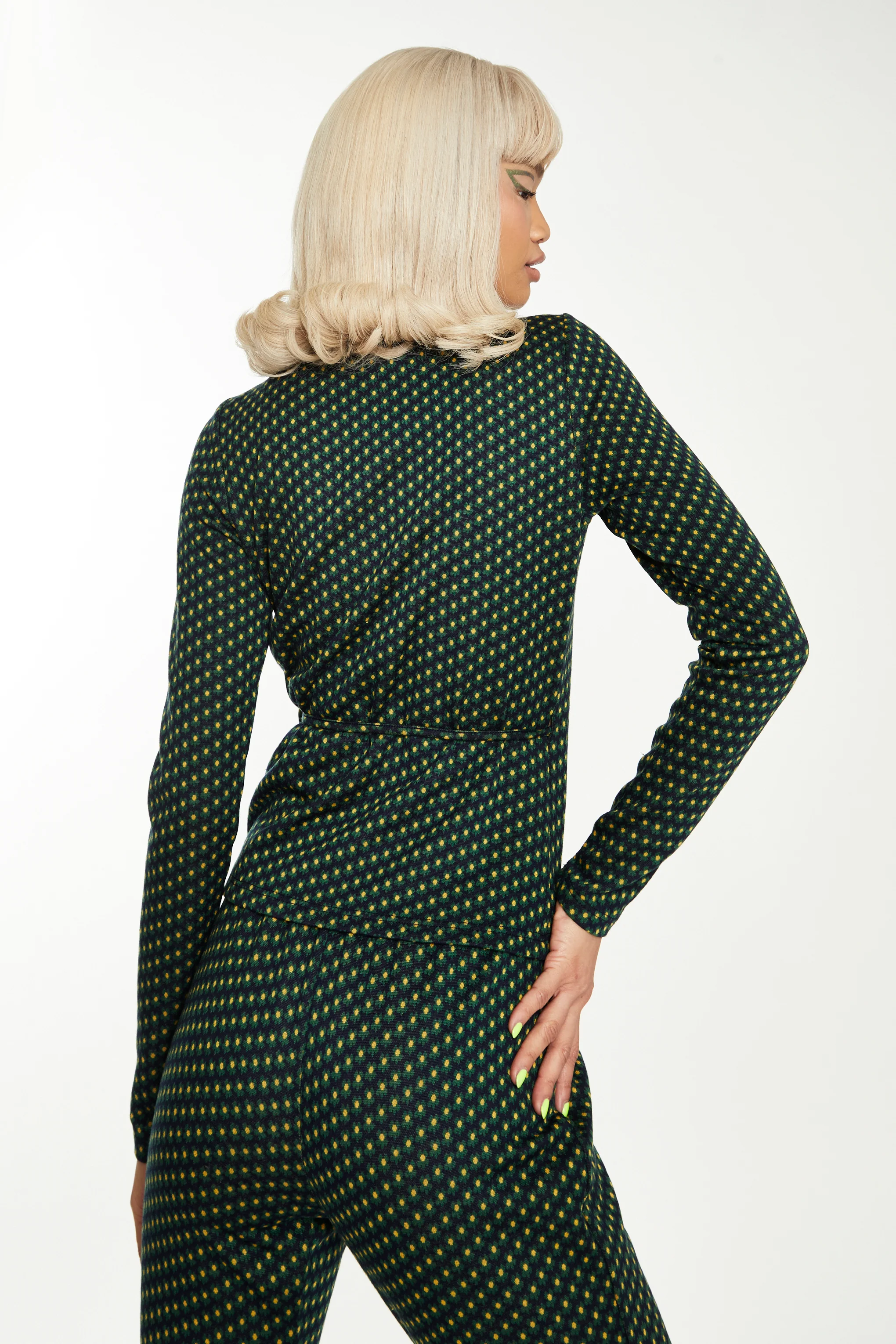 Glamorous Navy Green Daisy Geo Long Sleeve Wrap Top - Image 2