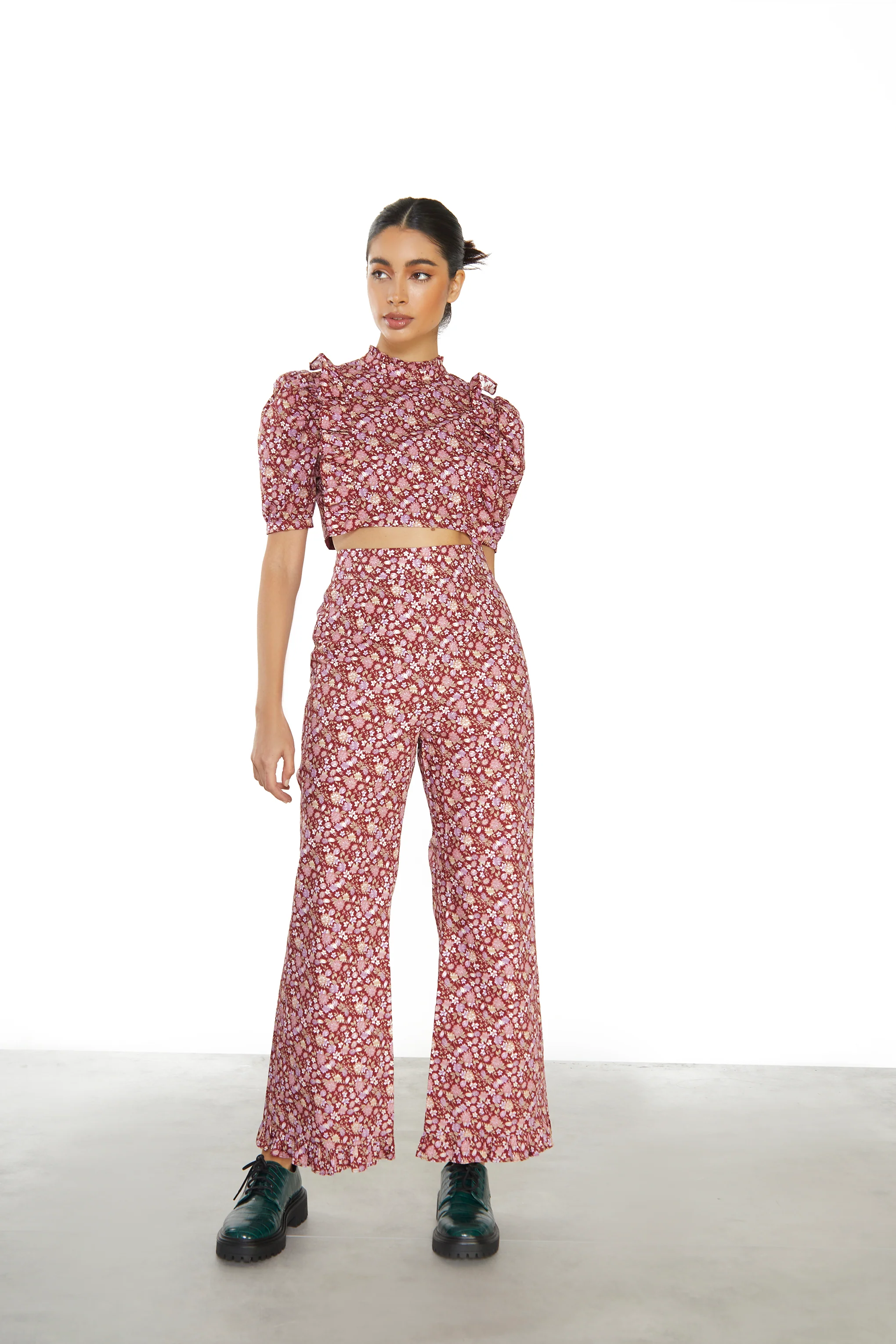 Glamorous Burgundy Chintz Floral High Waisted Trousers - Image 2