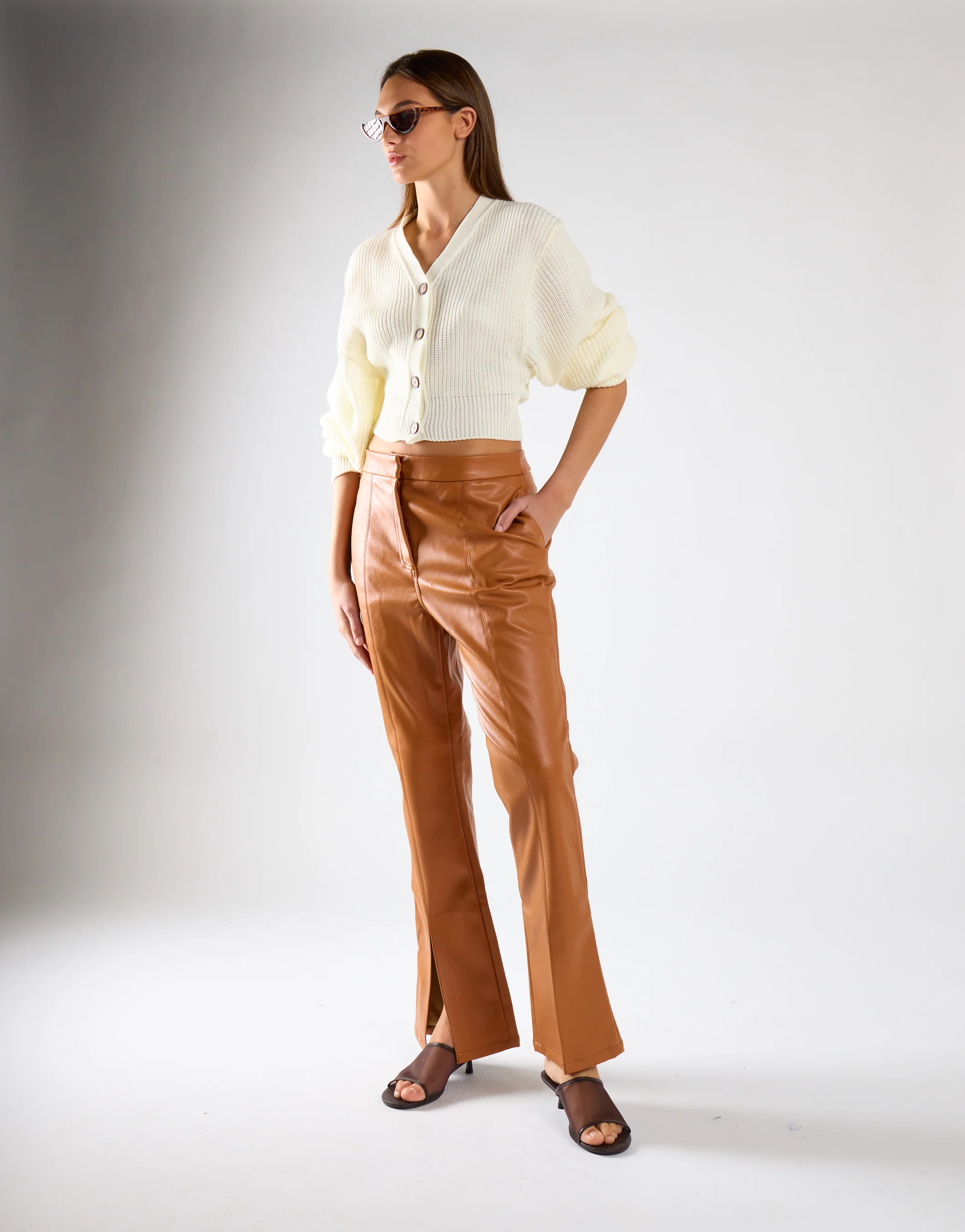 Tan PU Flared Trousers