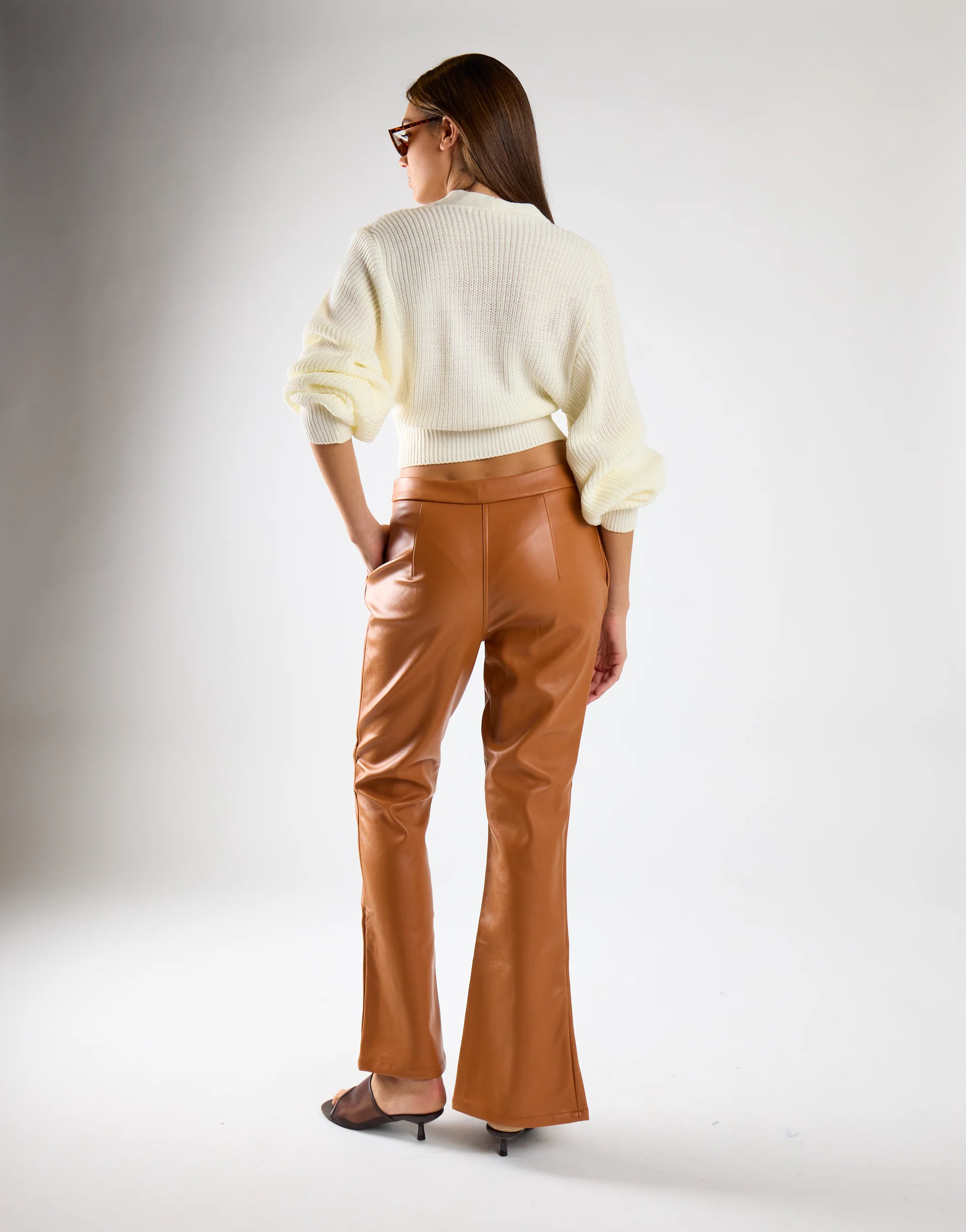 Tan PU Flared Trousers - Image 2