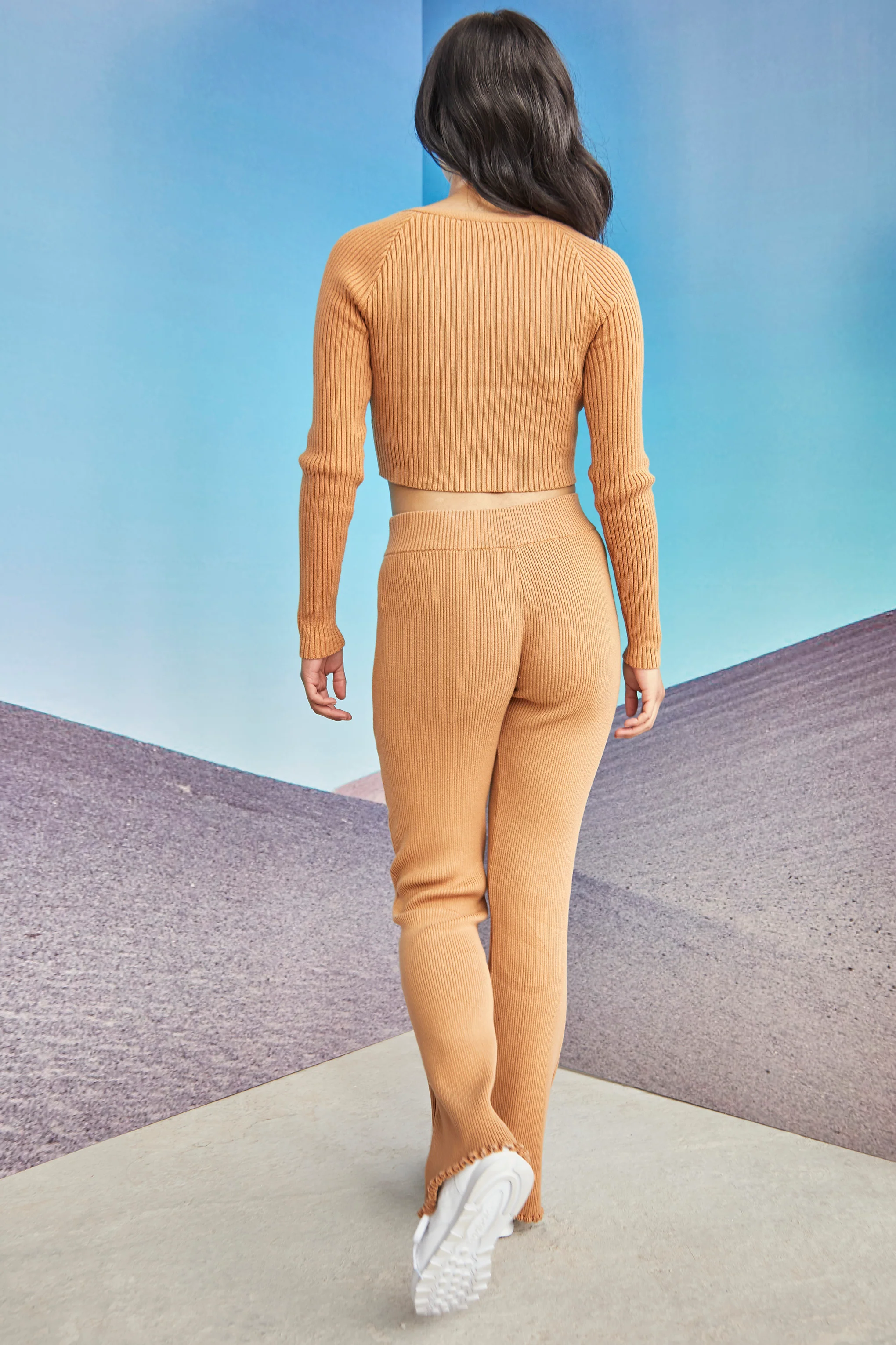 Glamorous Womens Tan Ribbed High Waisted Trousers - Image 3
