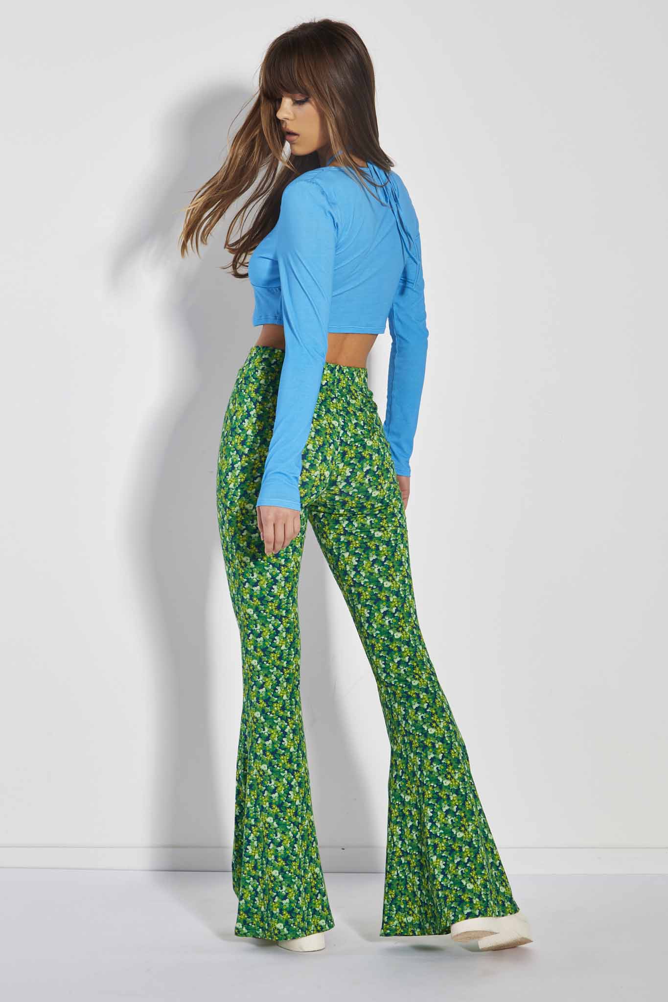 Glamorous Care Lime Blue Floral Skinny Fit Flared Trousers - Image 2