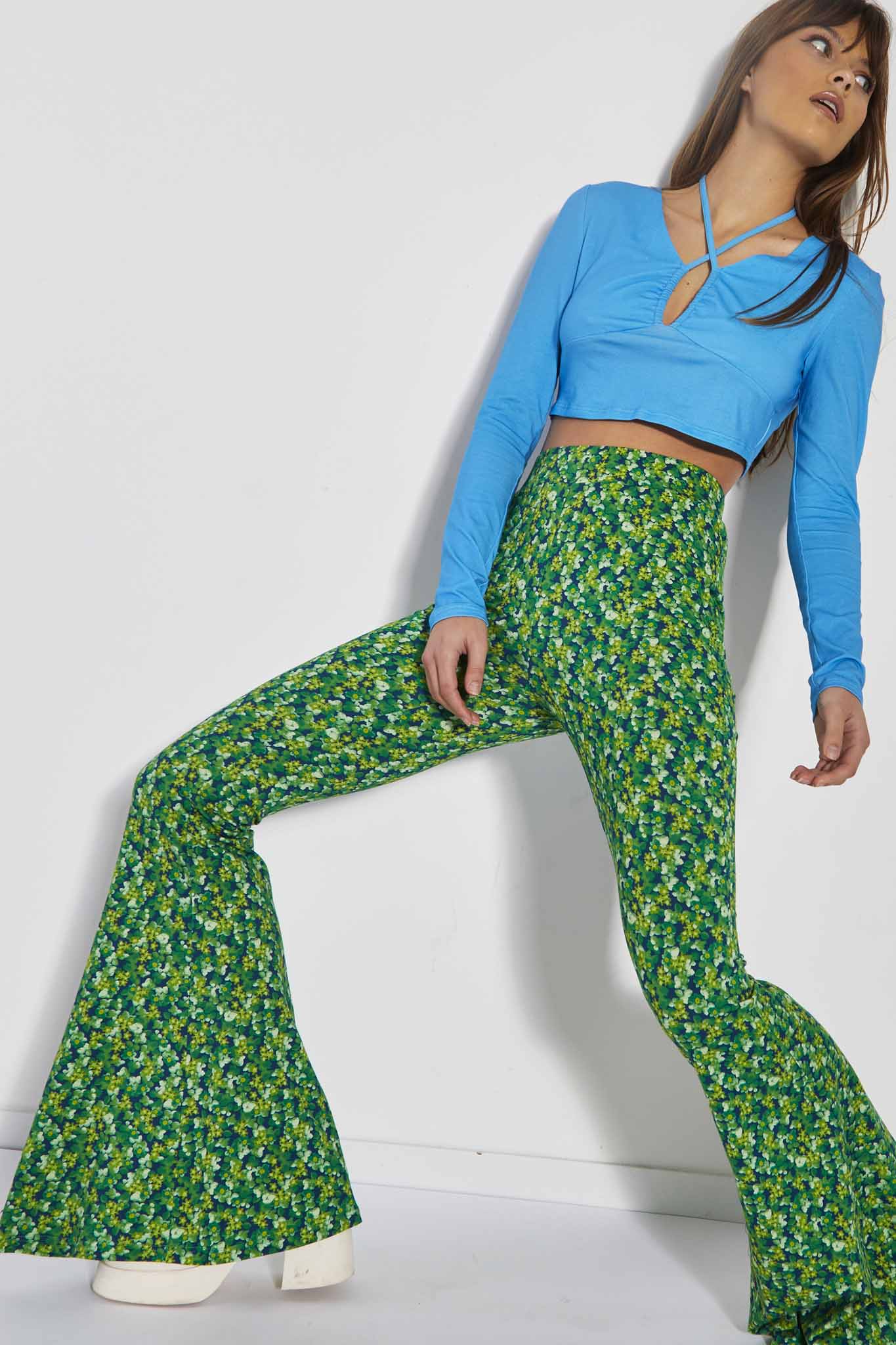 Glamorous Care Lime Blue Floral Skinny Fit Flared Trousers - Image 3