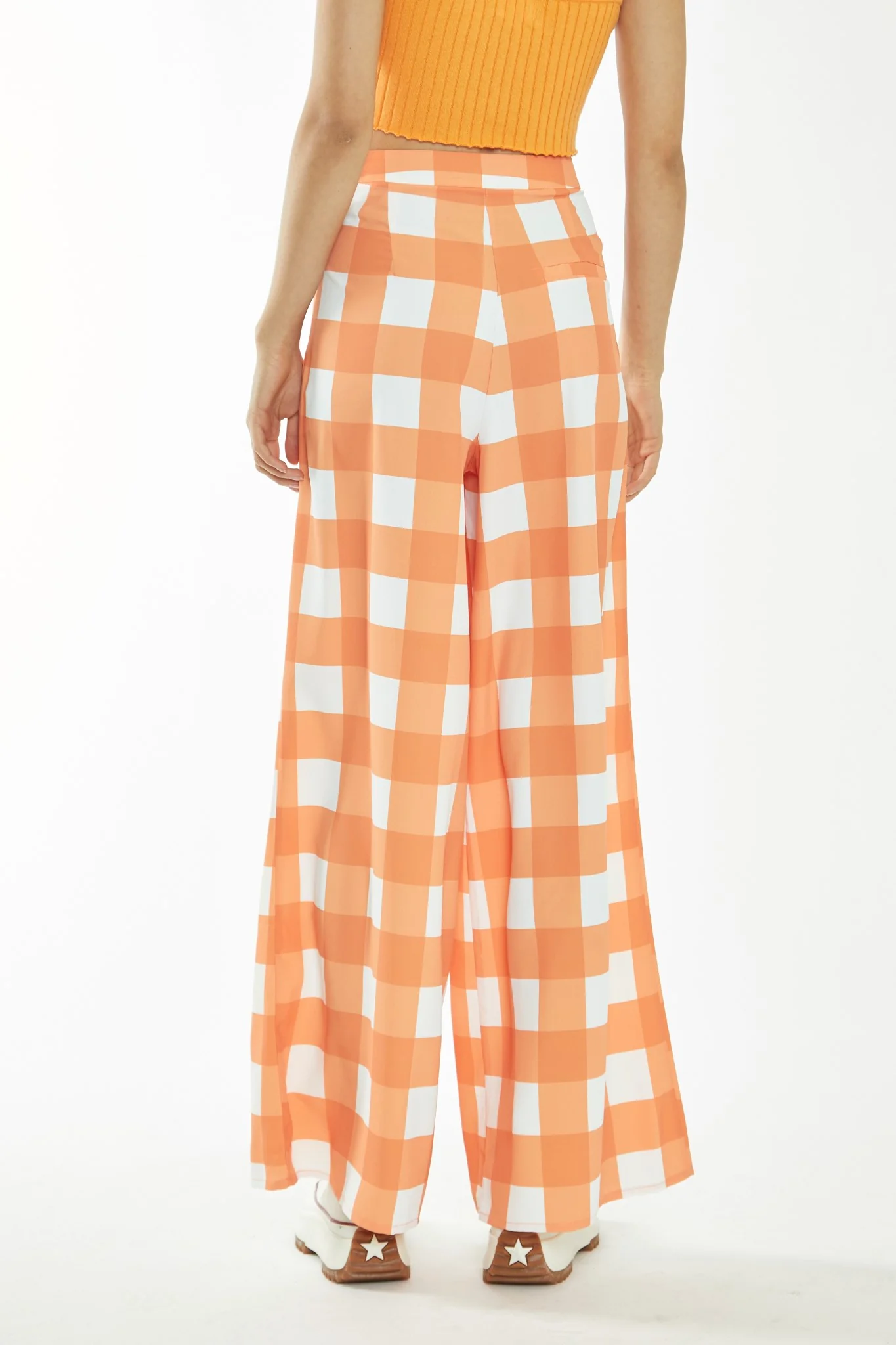 Orange-White Gingham Wide Leg Trousers - Image 2