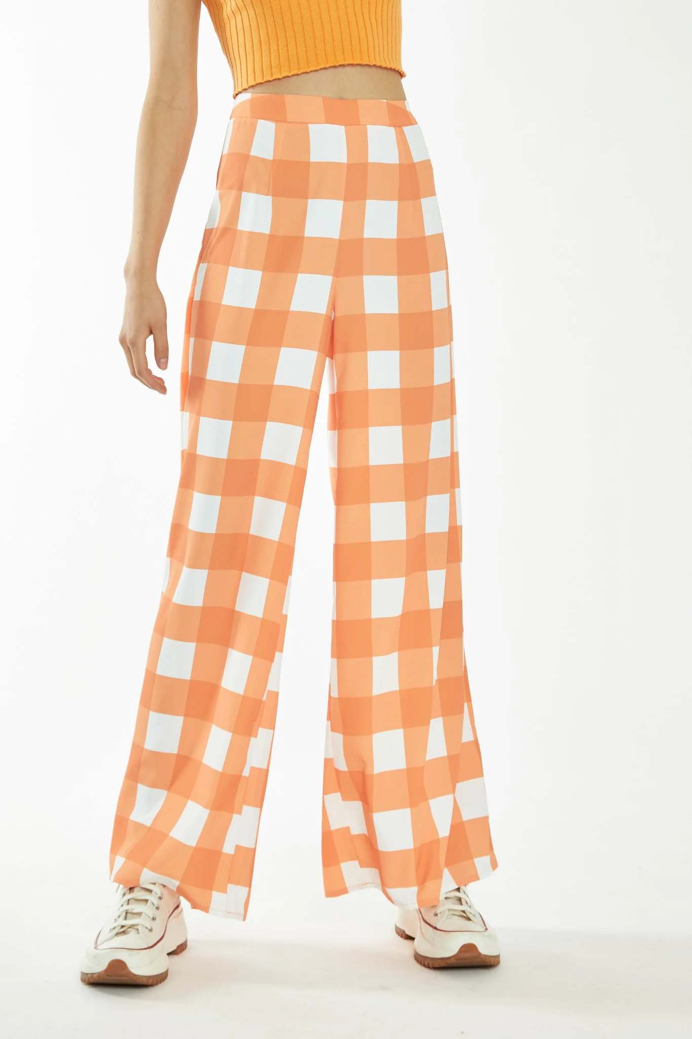 Orange-White Gingham Wide Leg Trousers - Image 3
