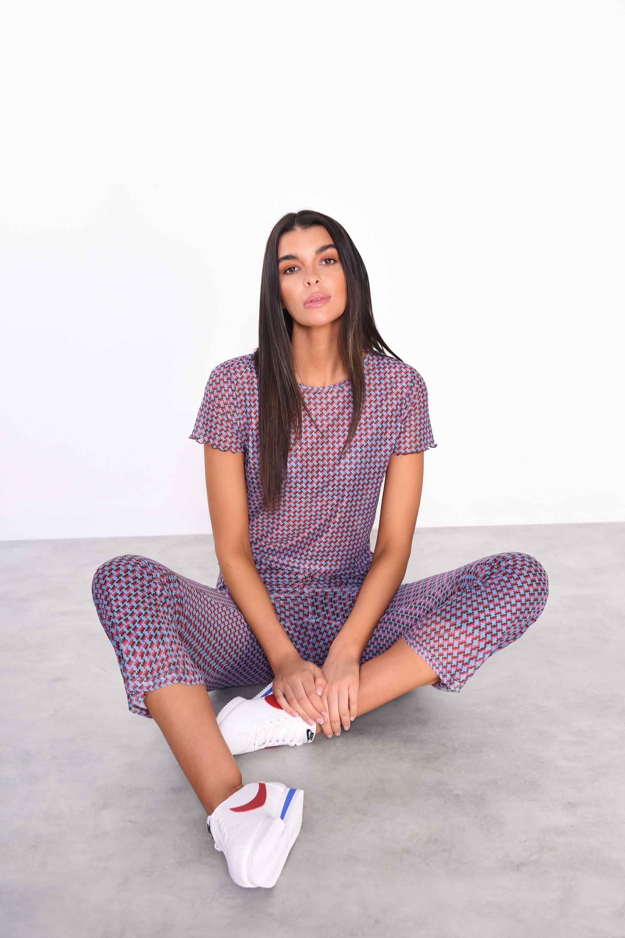 Glamorous Mini Geo Mesh Cropped Flared Trousers - Image 3