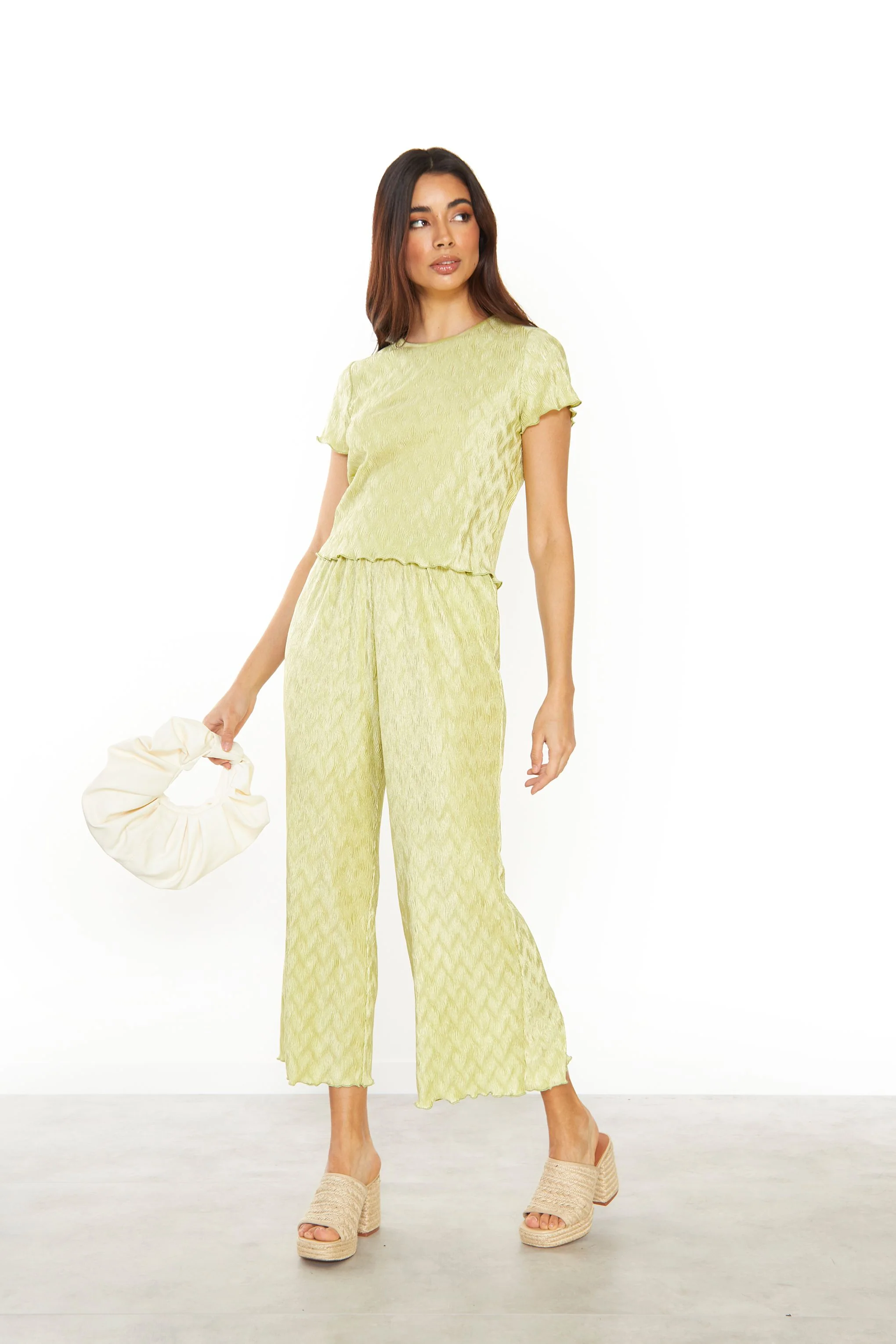 Glamorous Green Plisse Lettuce Hem Relaxed Trousers - Image 3