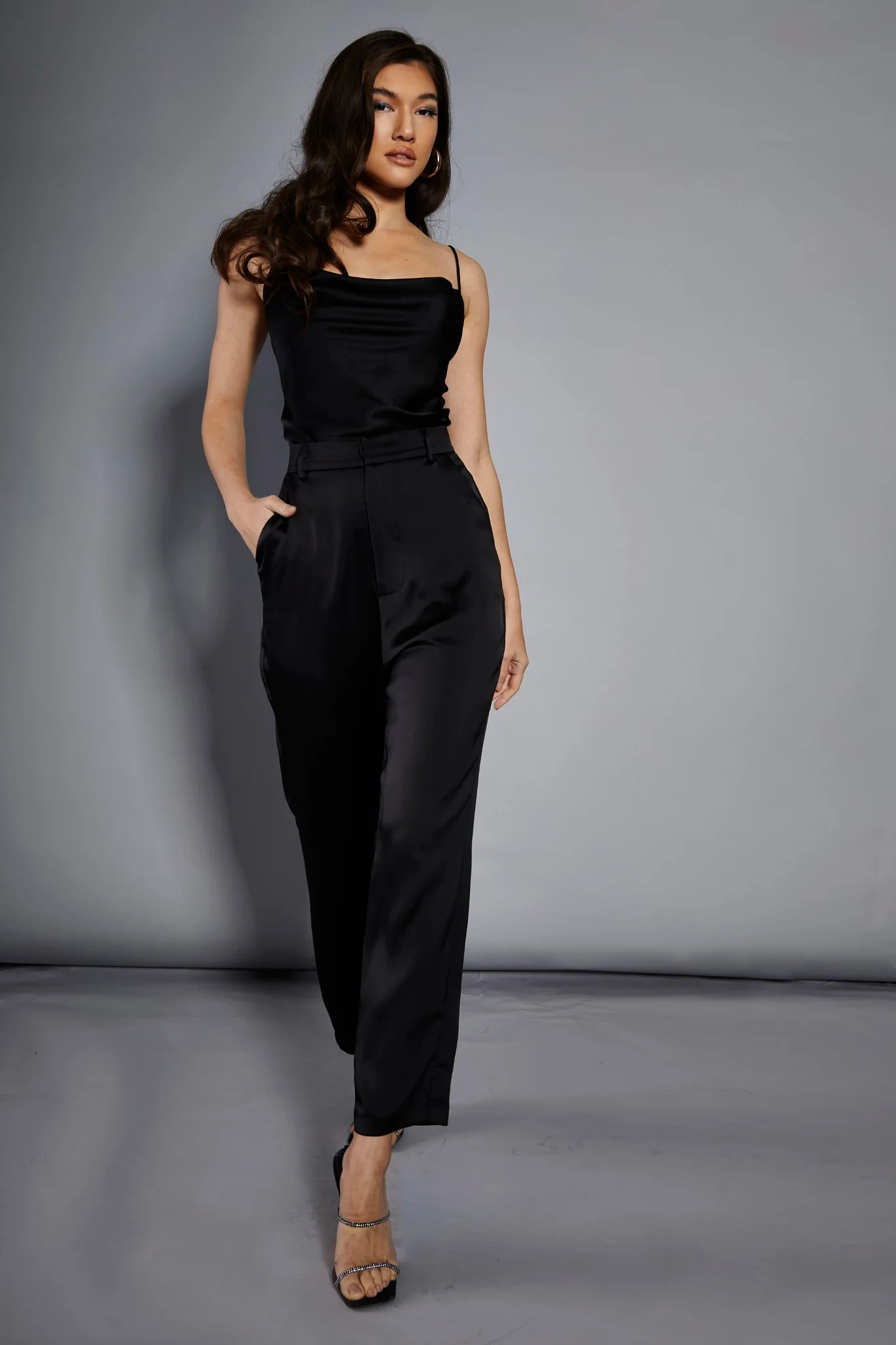 Glamorous Studio Black Satin Cropped Straight Leg Trousers - Image 3