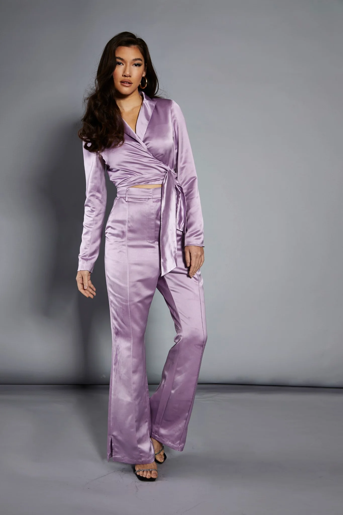 Glamorous Studio Lavender Satin Tailored Split Flared Trousers - Image 2