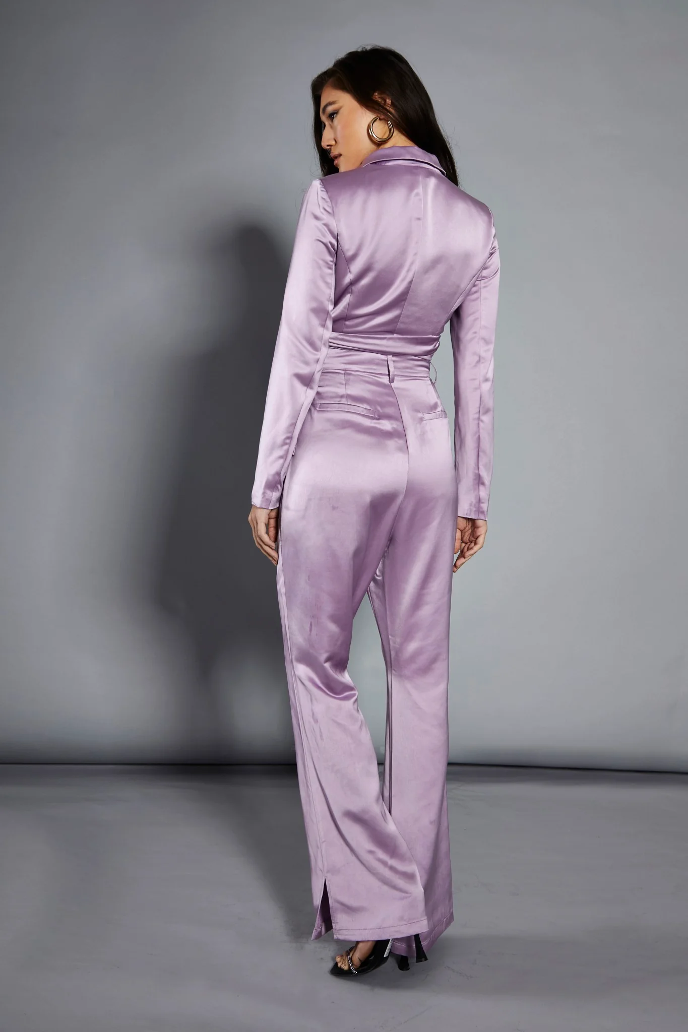 Glamorous Studio Lavender Satin Tailored Split Flared Trousers - Image 3