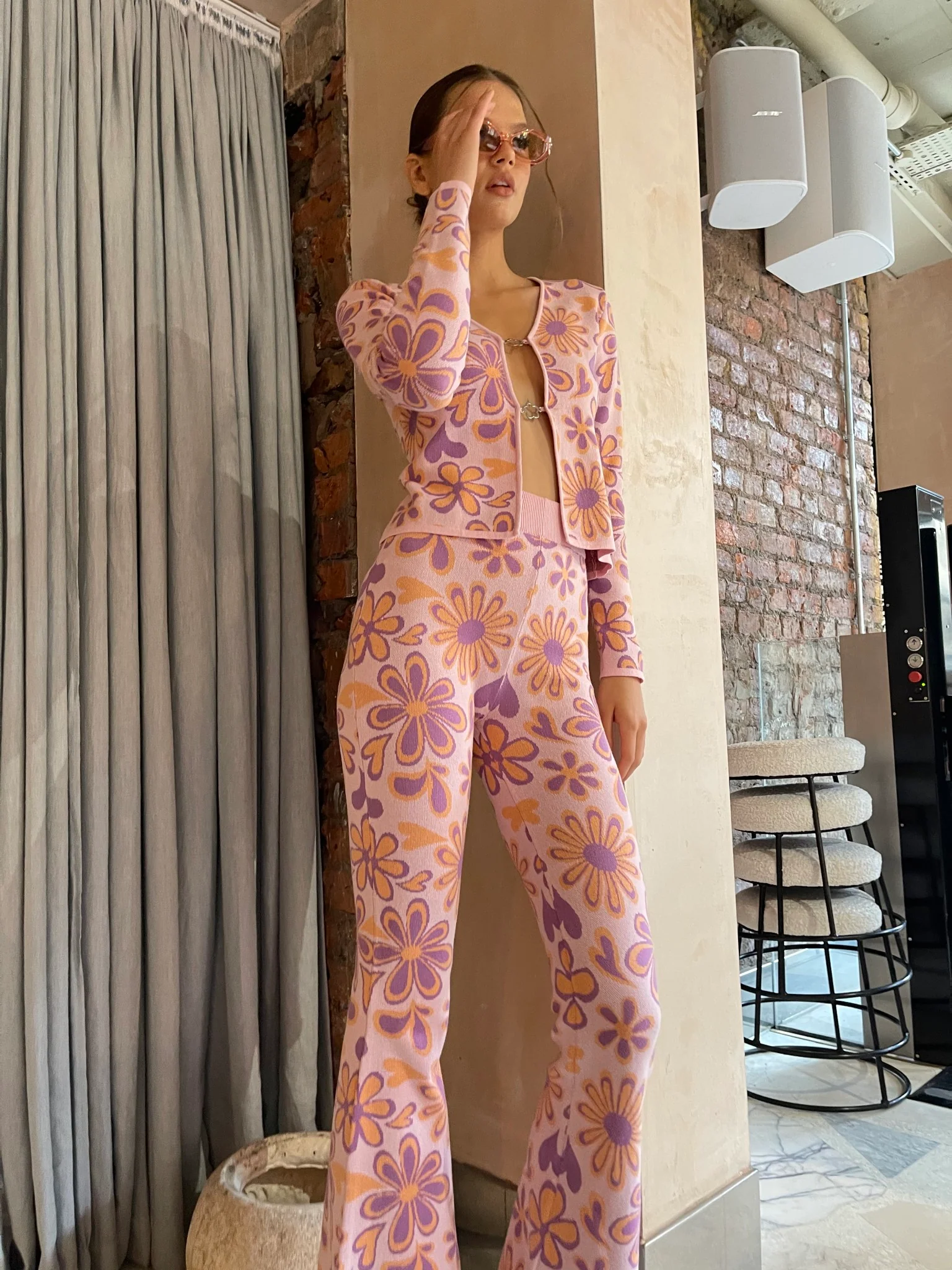 Pink-Peach-Retro-Flower Flared Trousers - Image 2