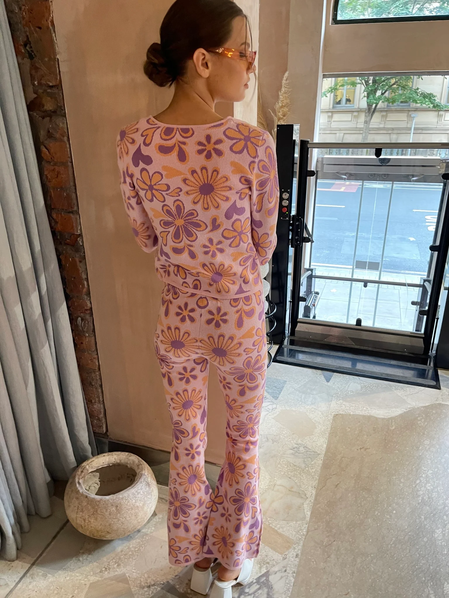 Pink-Peach-Retro-Flower Flared Trousers - Image 3