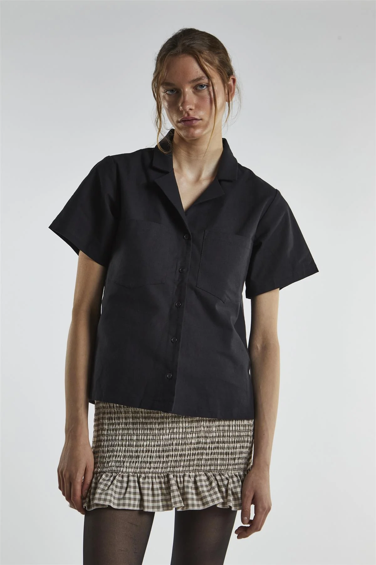 Lapel Collar Short Sleeves Shirt - Black - Image 3