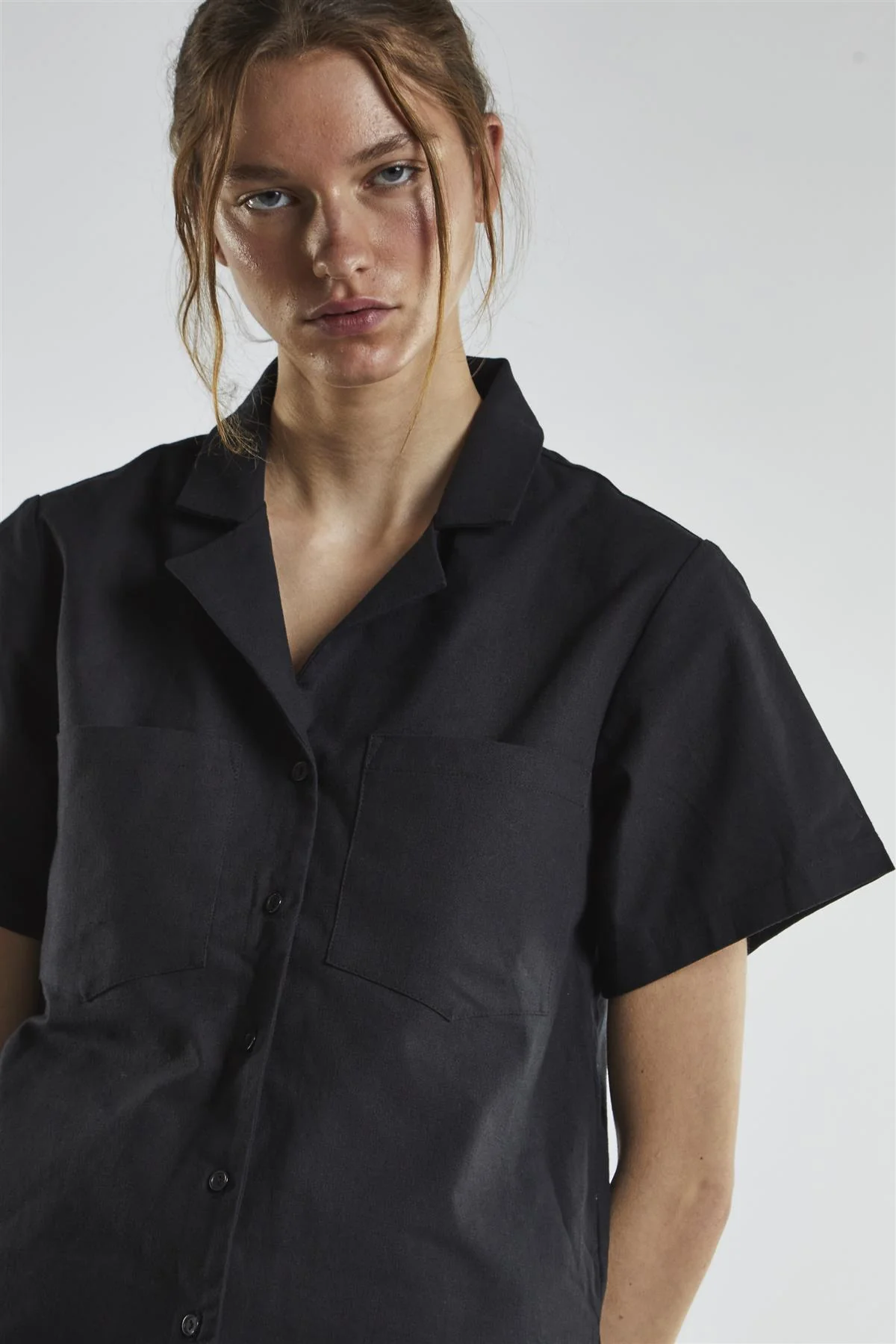 Lapel Collar Short Sleeves Shirt - Black - Image 4