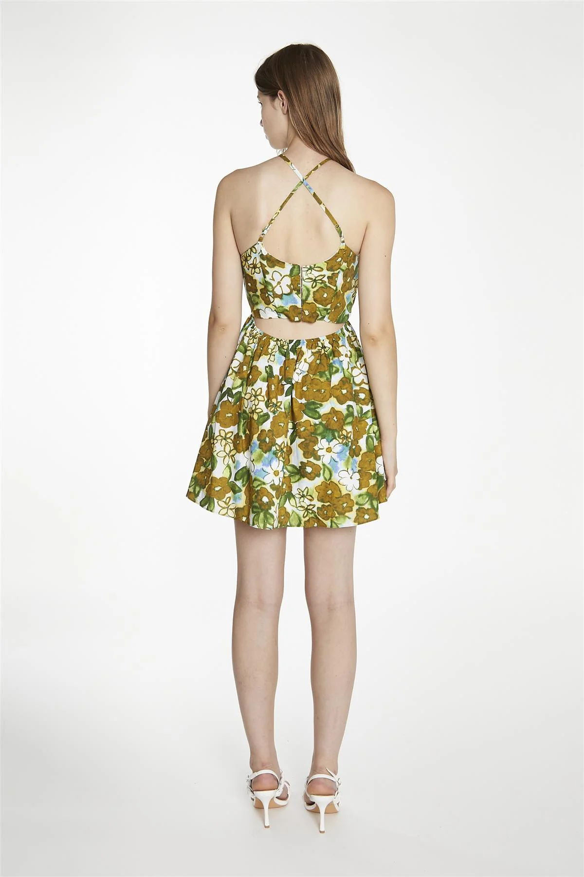 Large-Brown-Green-Floral Cross-Over-Halter-Neck Mini-Dress - Image 2