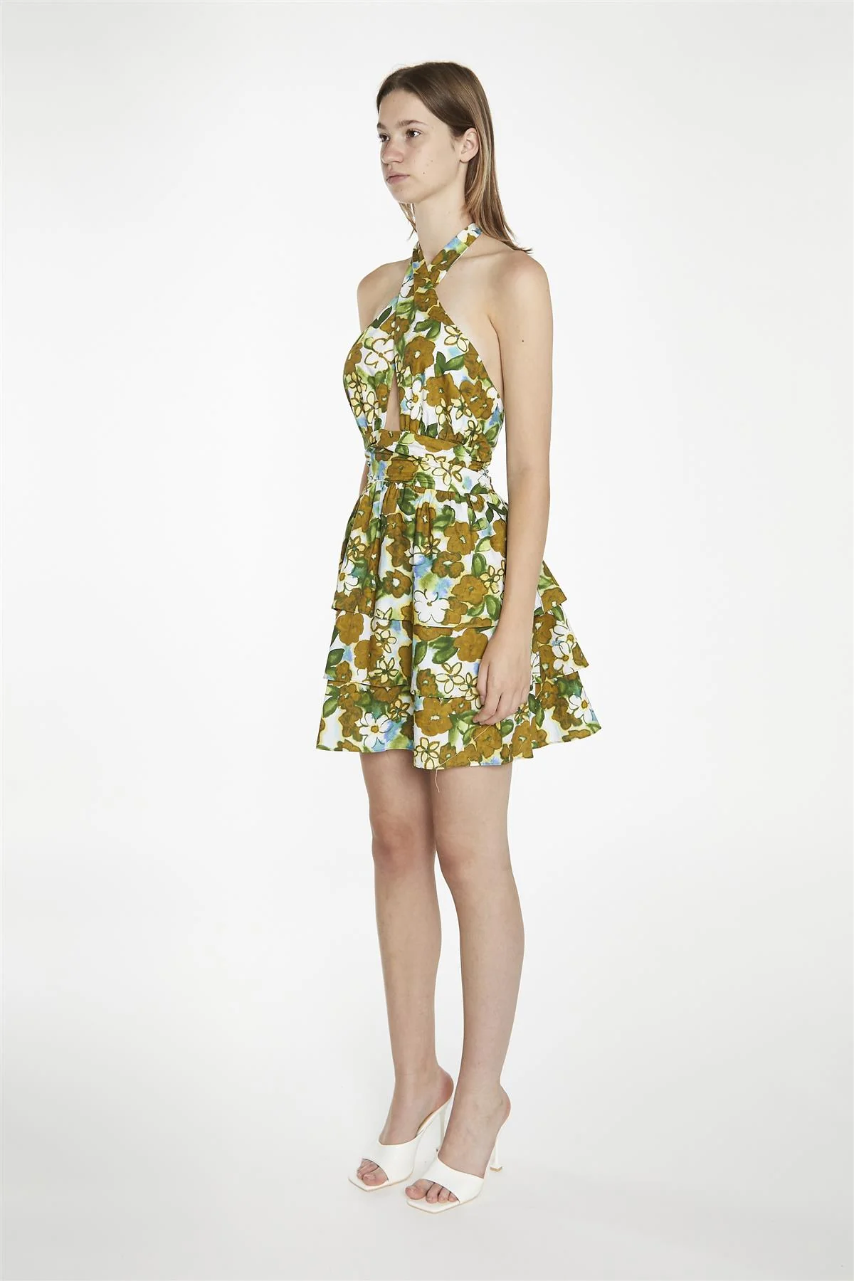 Large-Brown-Green-Floral Crossover-Halter-Neck-Rara- Mini-Dress - Image 4