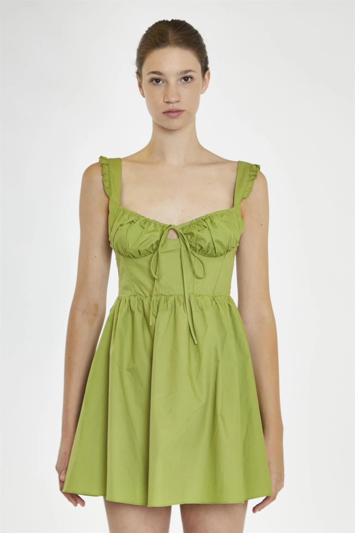 Leaf-Green Gathered-Bust Mini-Dress - Image 2