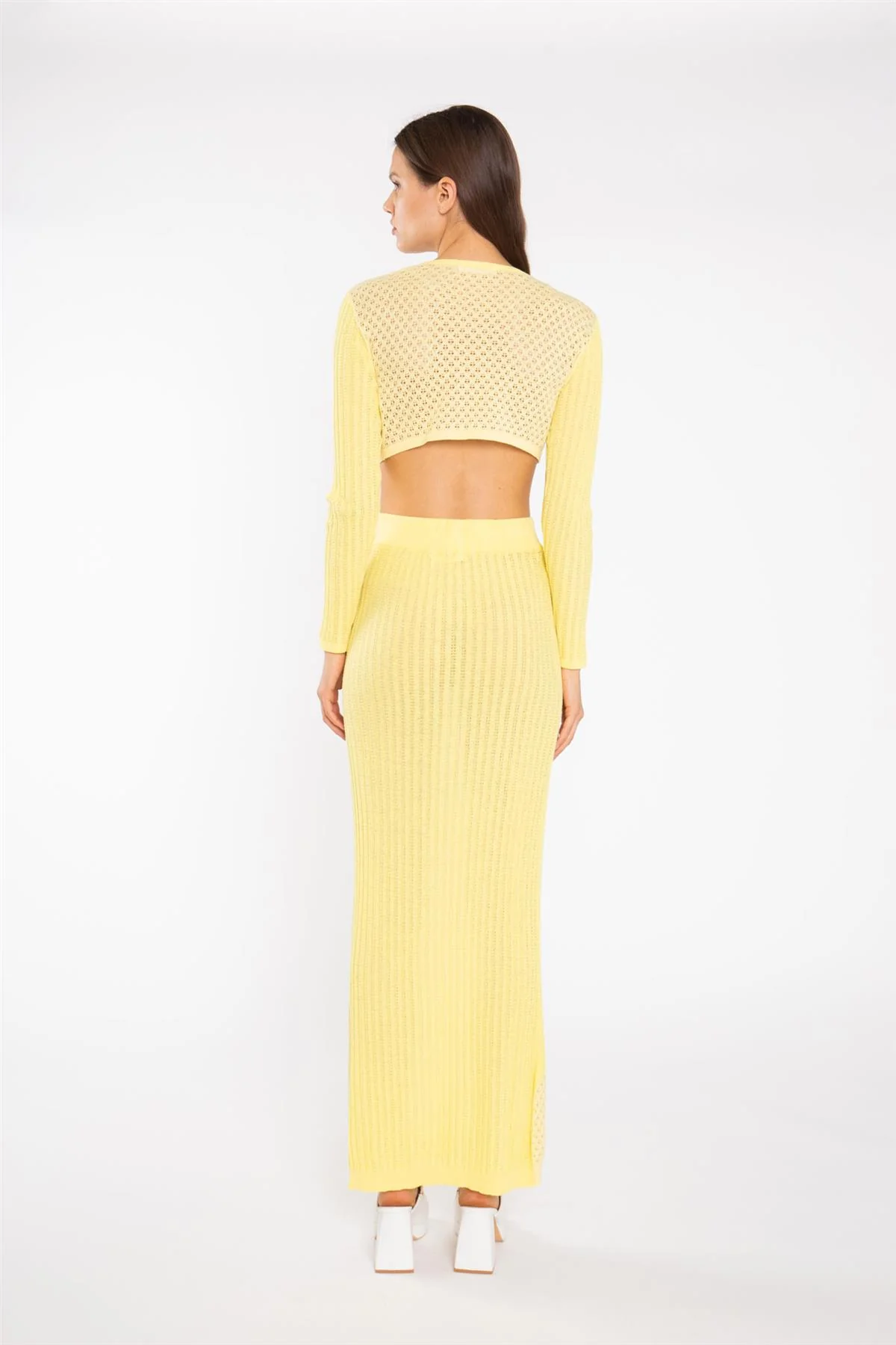 Lemon-Yellow Mix Knit Lace-Up Front Crop-Top - Image 2