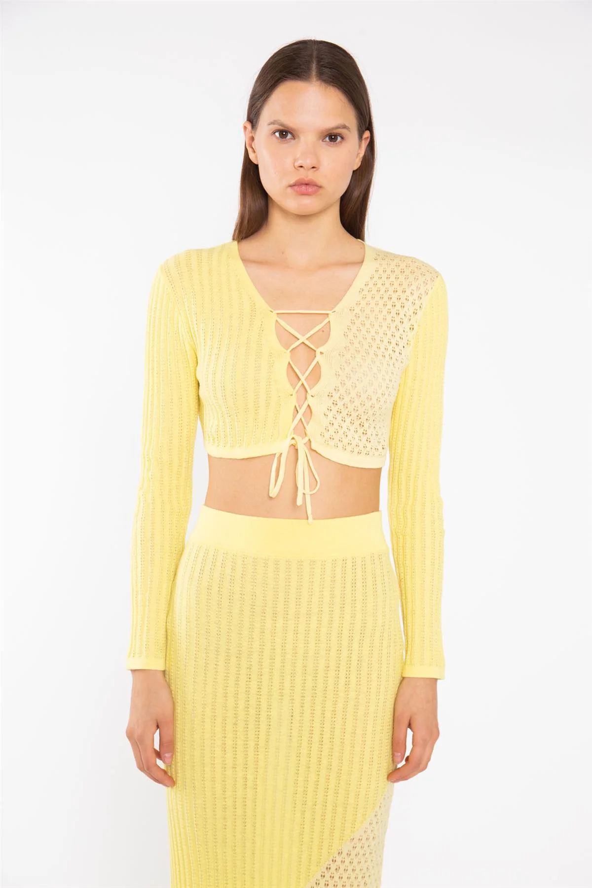 Lemon-Yellow Mix Knit Lace-Up Front Crop-Top - Image 3