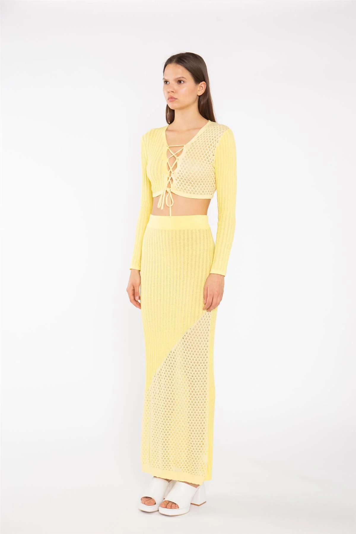 Lemon-Yellow Mix Knit Lace-Up Front Crop-Top - Image 4