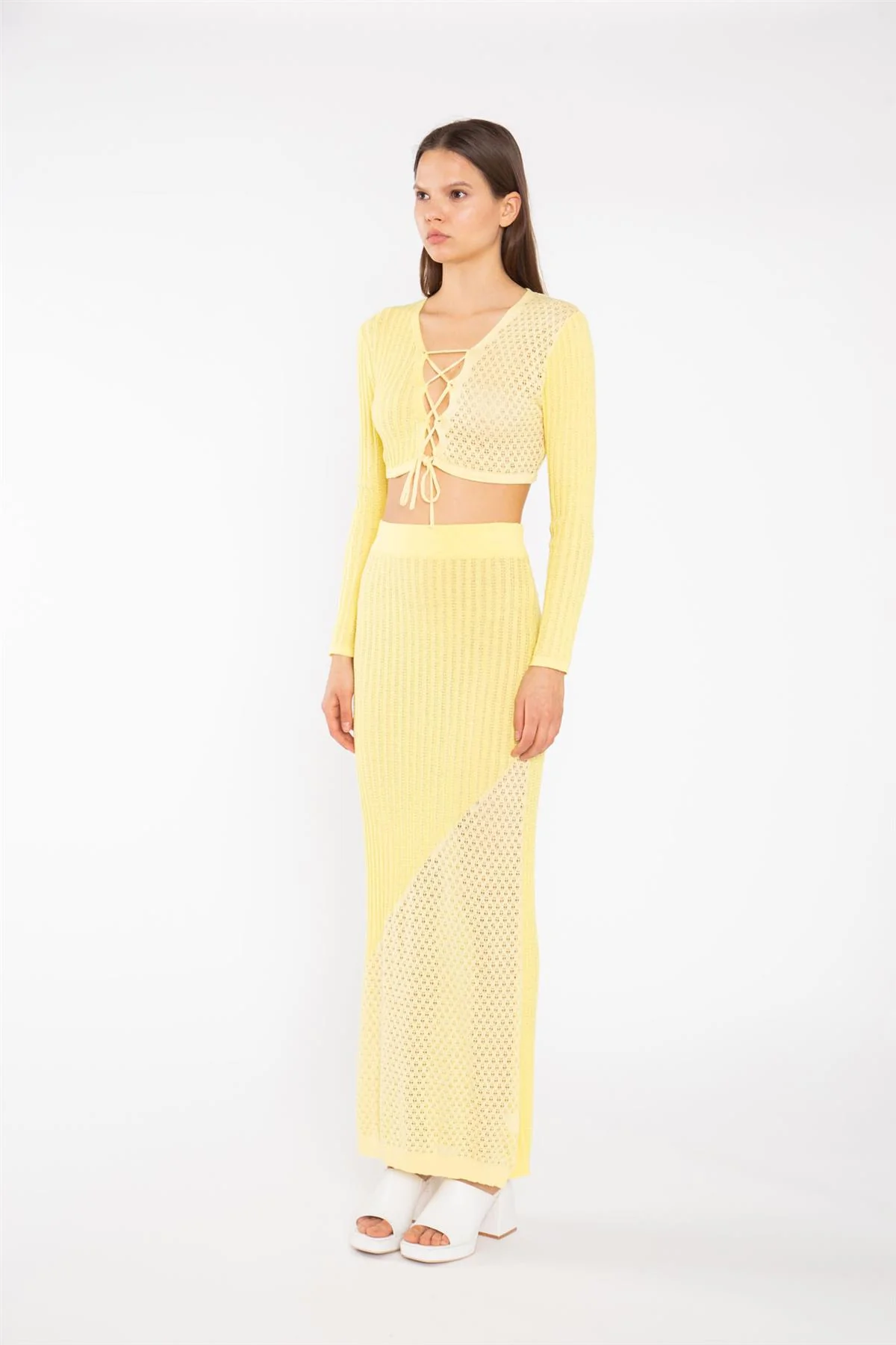 Lemon-Yellow Mix Knit Straight Maxi-Skirt - Image 4
