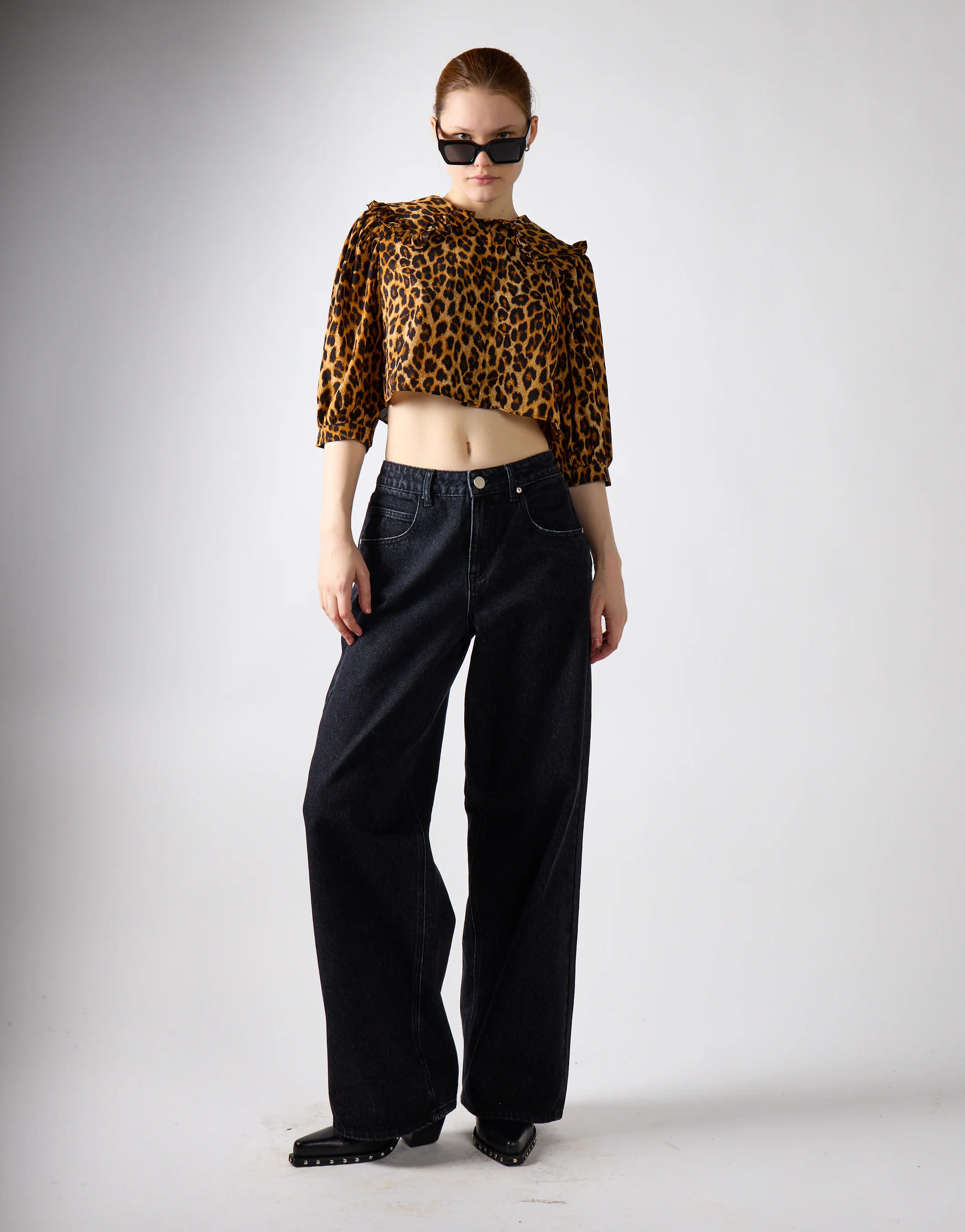 Leopard Print Long Sleeve High Neck Crop Top