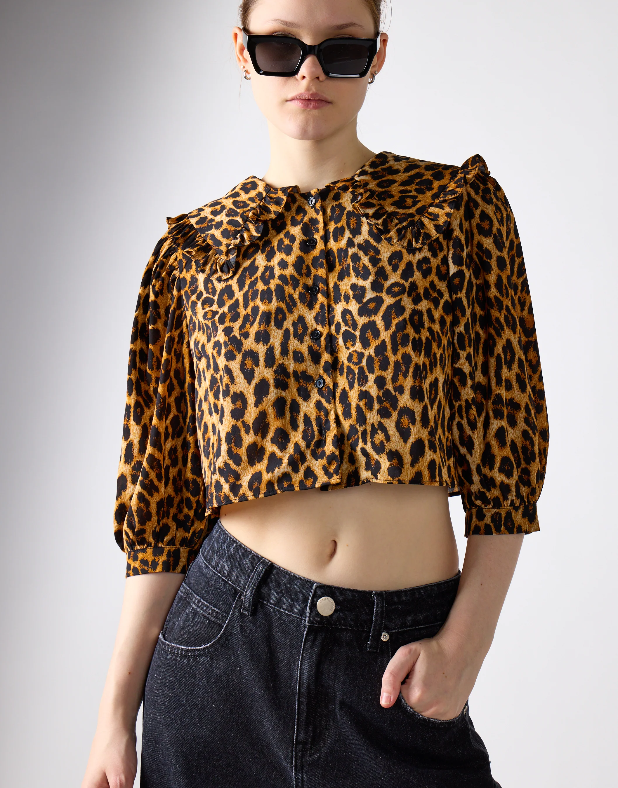 Leopard Print Long Sleeve High Neck Crop Top - Image 3