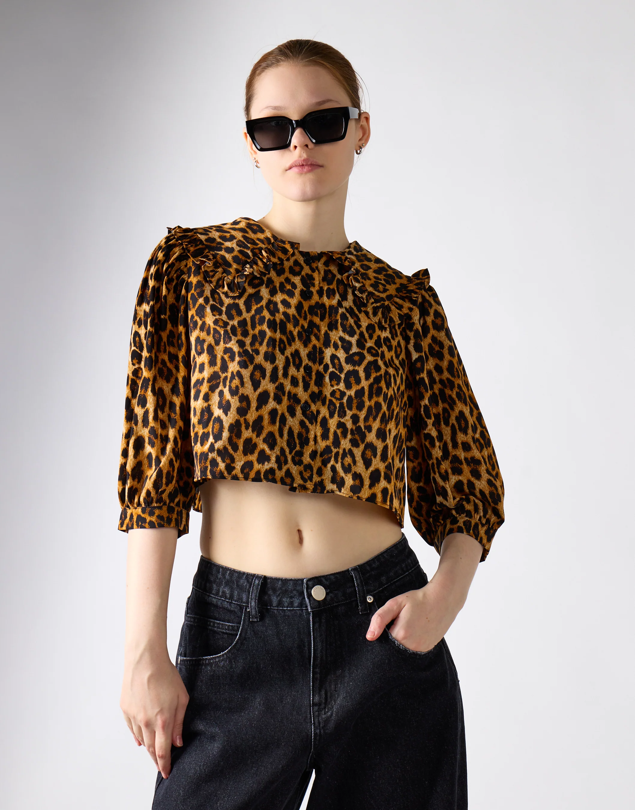Leopard Print Long Sleeve High Neck Crop Top - Image 4