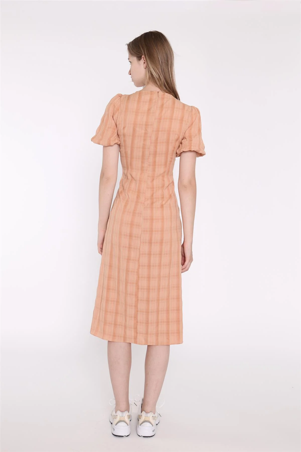 Light Apricot Check Short Sleeve Dress - Image 2