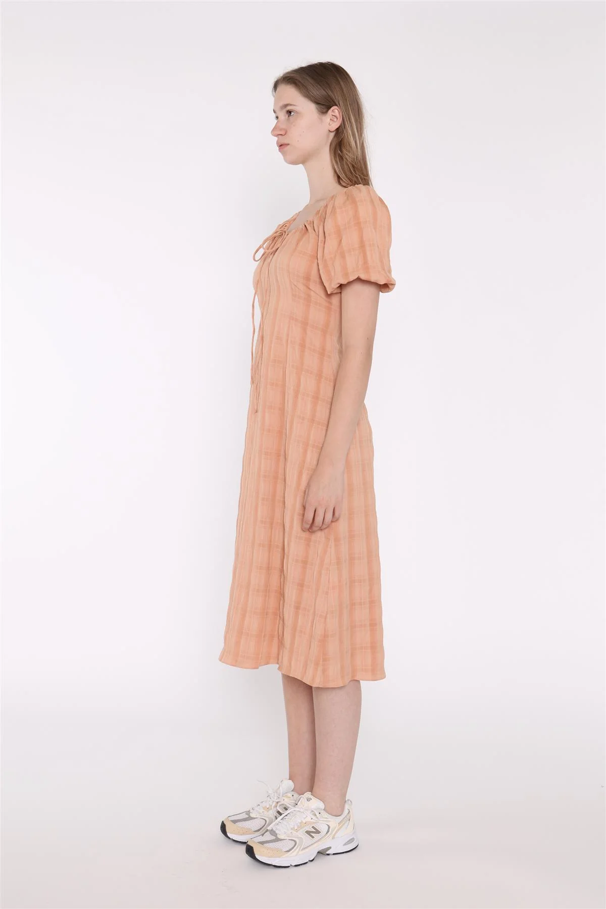 Light Apricot Check Short Sleeve Dress - Image 3