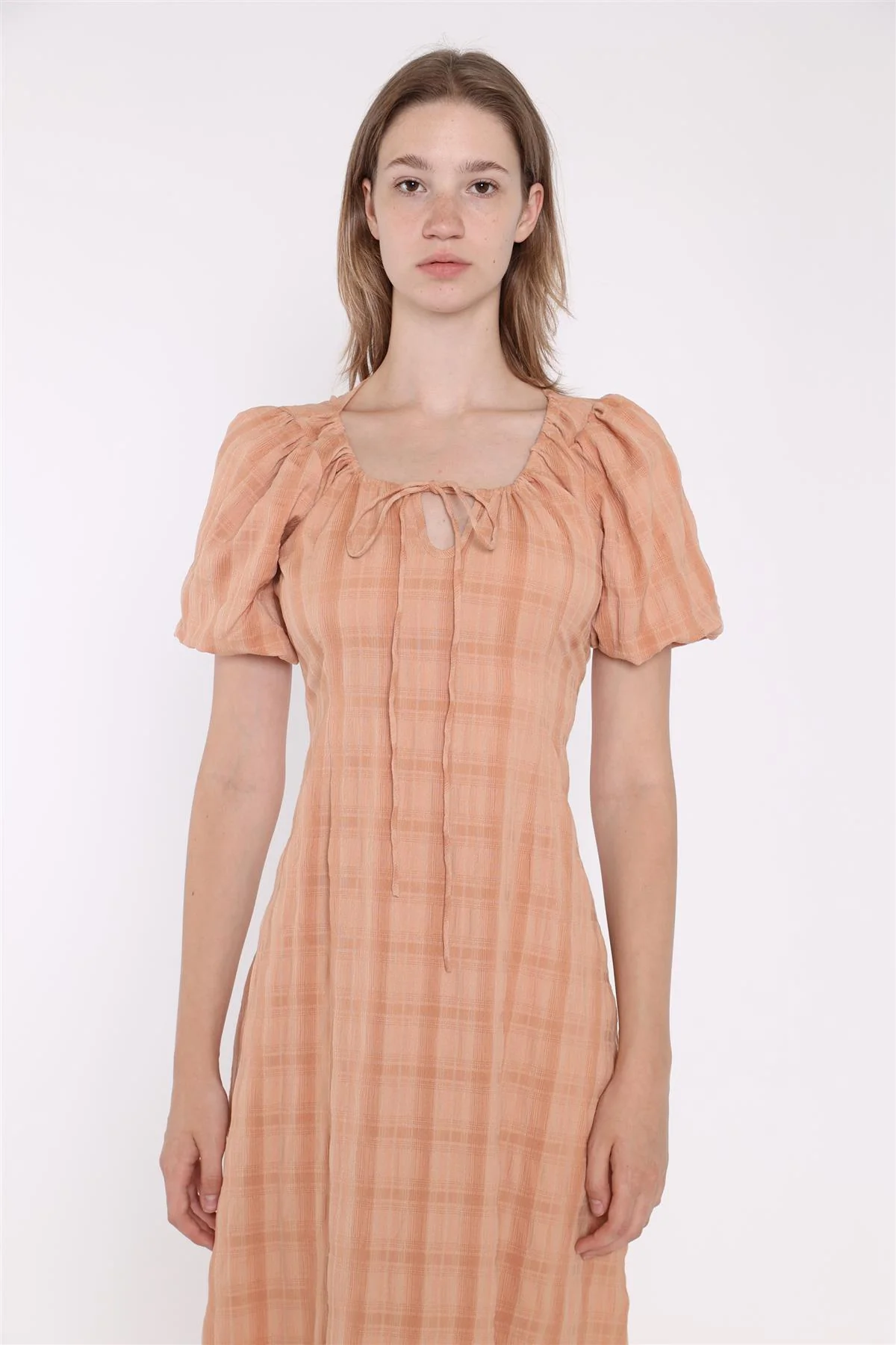 Light Apricot Check Short Sleeve Dress - Image 4