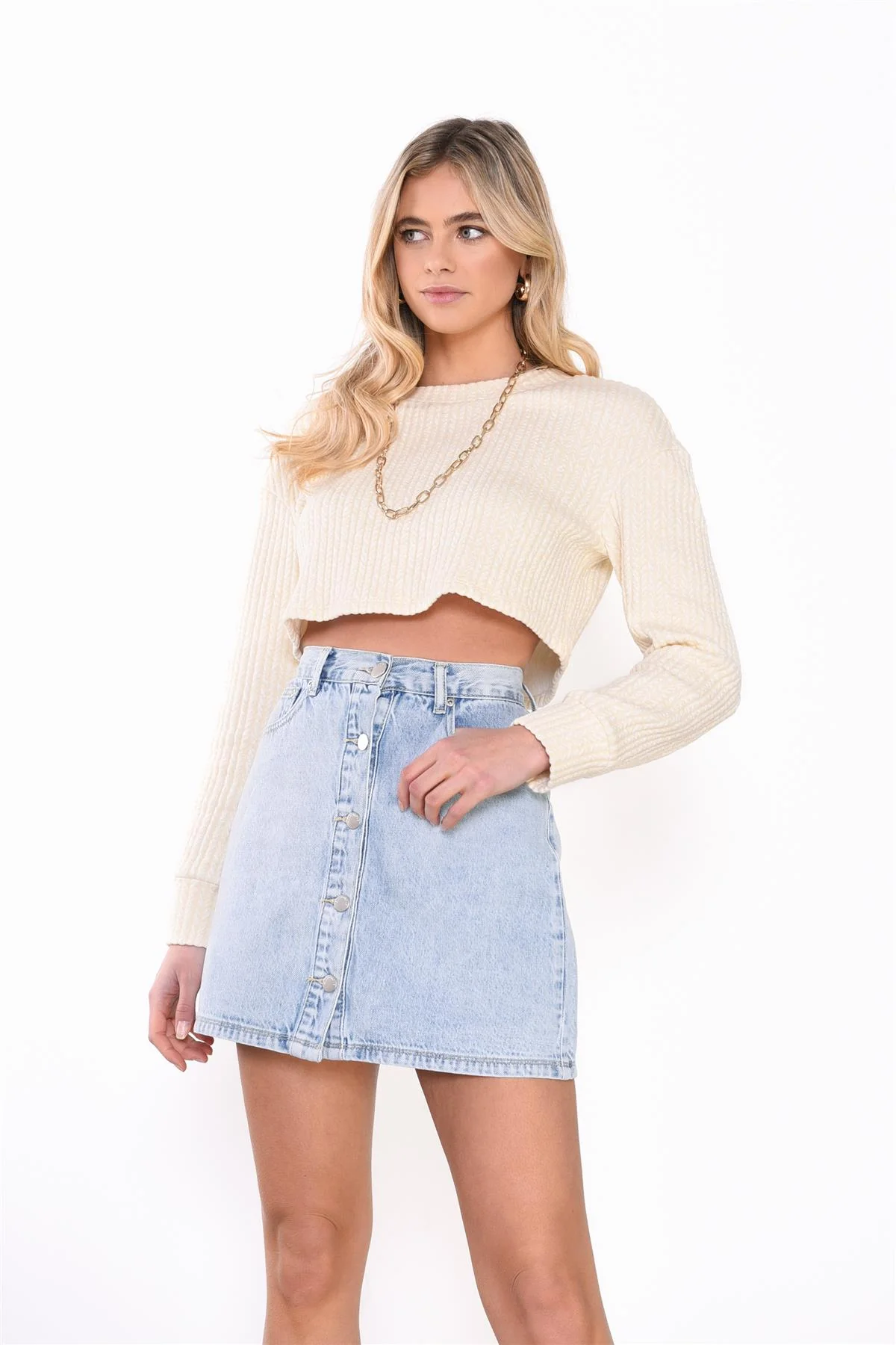 Light Bleach Stonewash Denim Button Mini-Skirt - Image 3