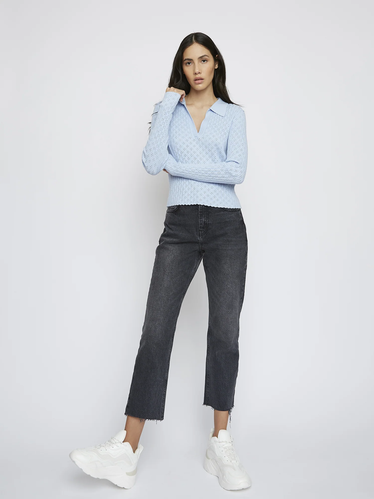 Light Blue Long Sleeve Crochet Collar Shirt - Image 2
