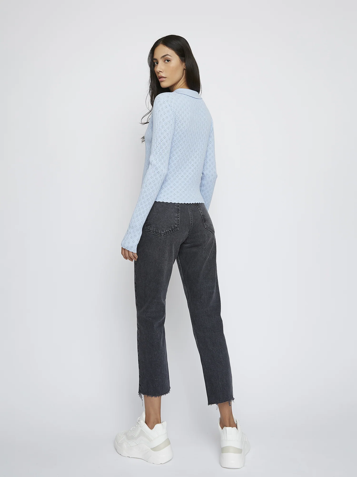 Light Blue Long Sleeve Crochet Collar Shirt - Image 3