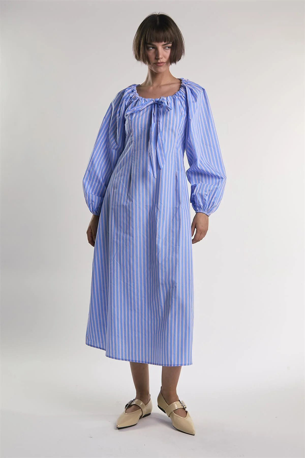 Light-Blue-Pink-Stripe Gathered-Neck Midi-Dress