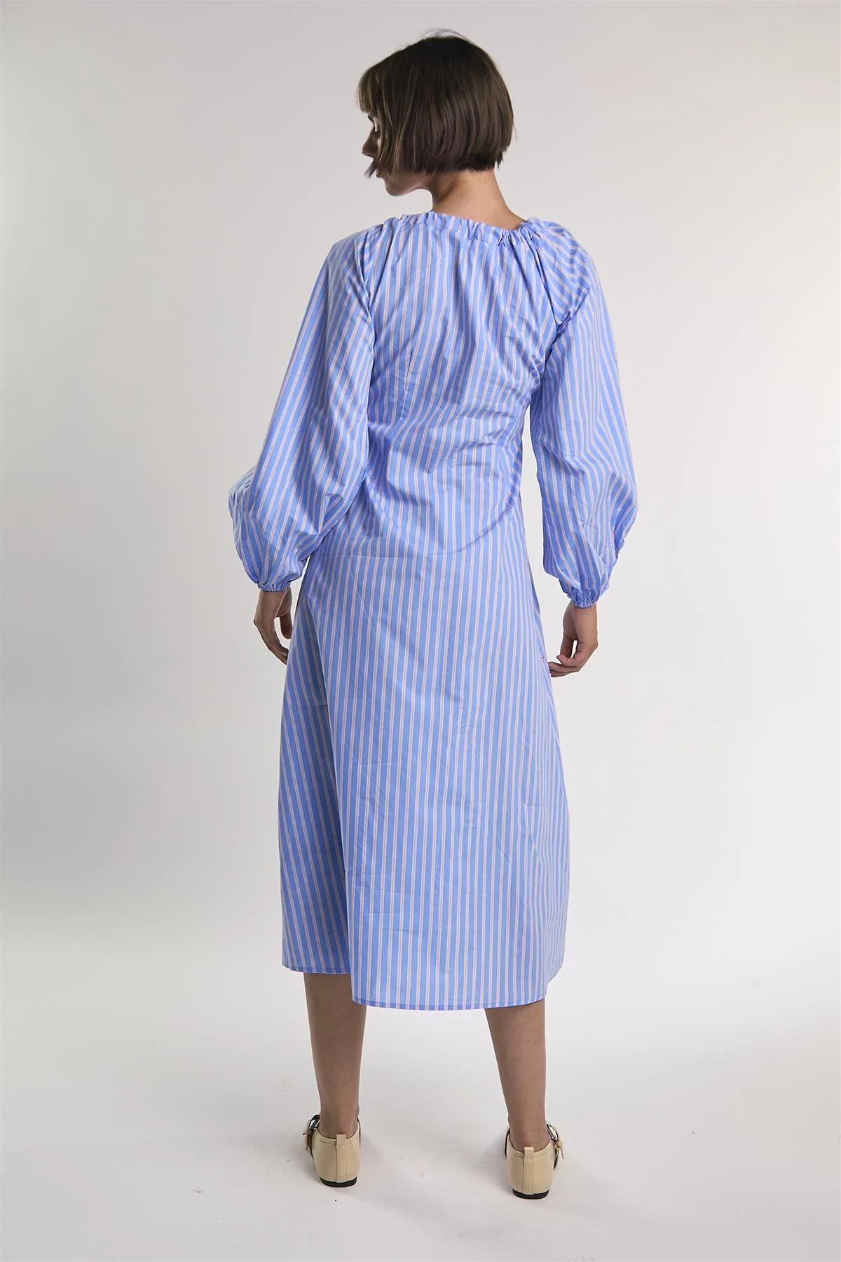 Light-Blue-Pink-Stripe Gathered-Neck Midi-Dress - Image 2