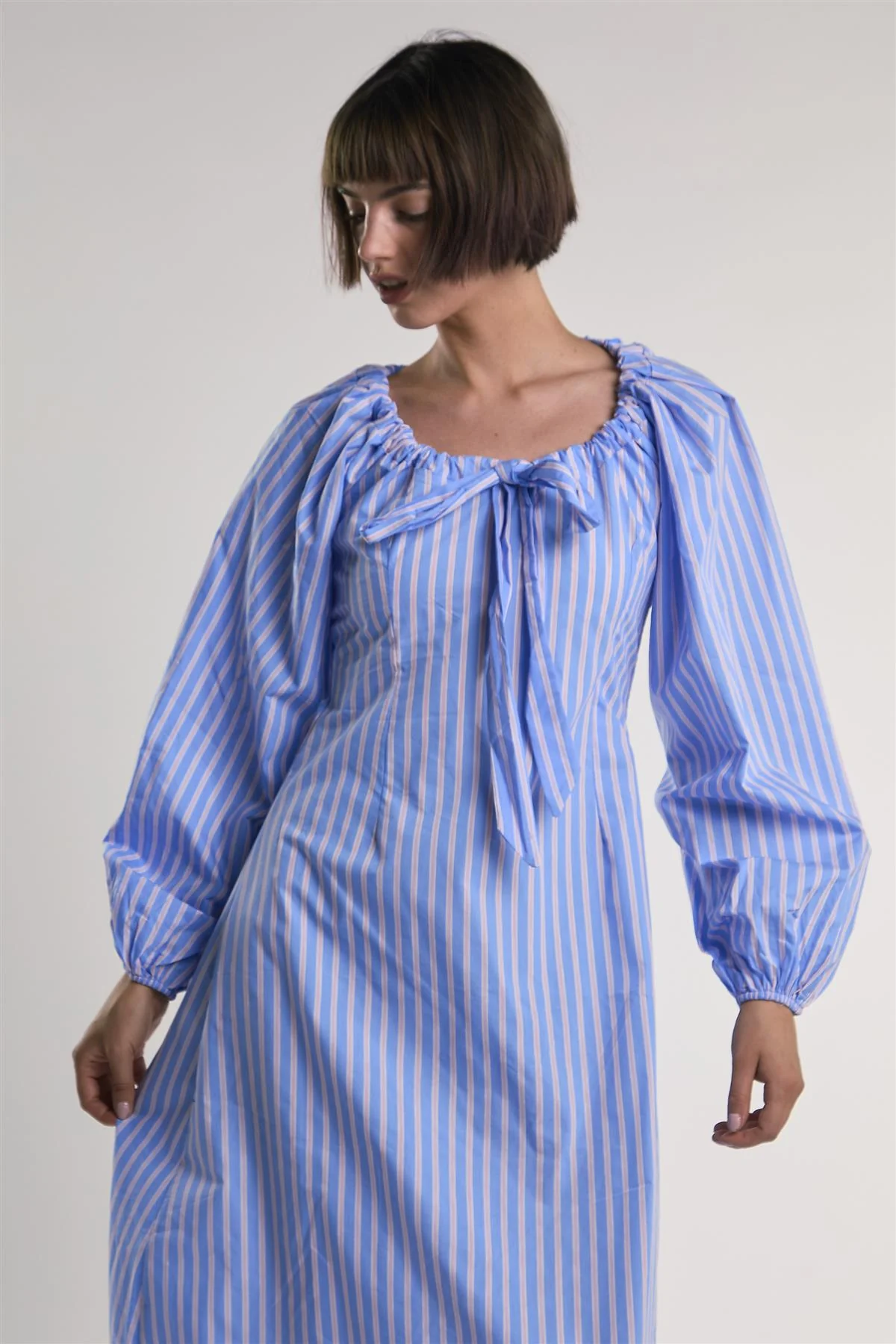 Light-Blue-Pink-Stripe Gathered-Neck Midi-Dress - Image 3