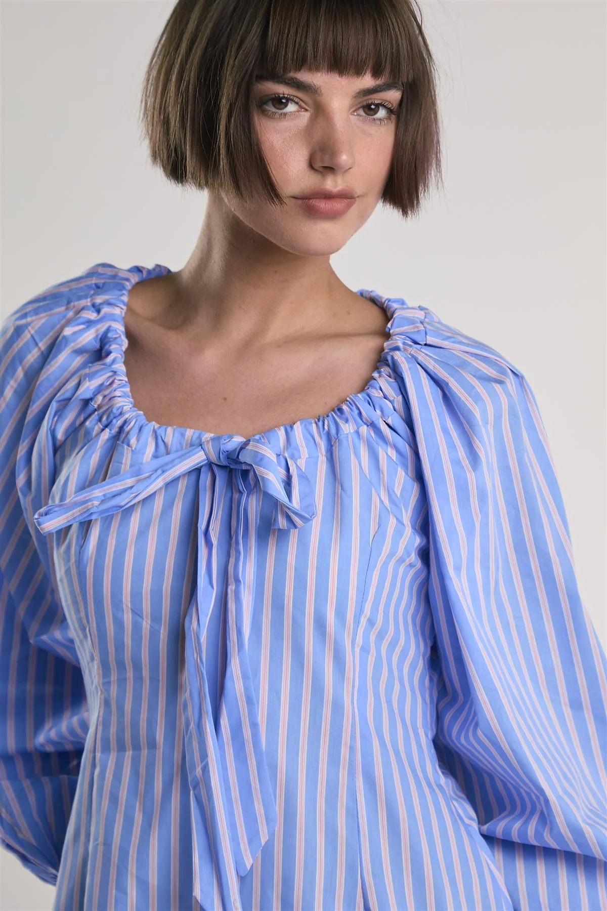 Light-Blue-Pink-Stripe Gathered-Neck Midi-Dress - Image 4