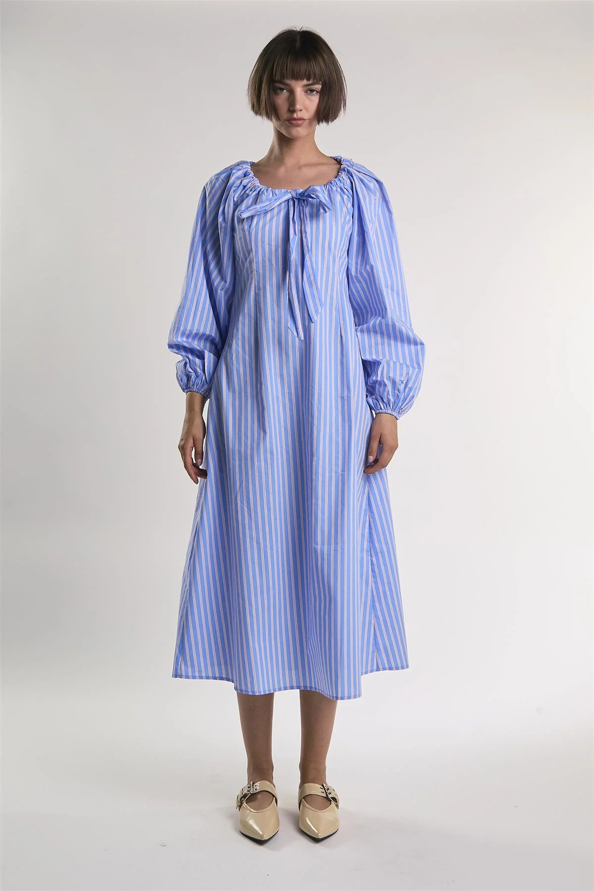 Light-Blue-Pink-Stripe Gathered-Neck Midi-Dress - Image 5