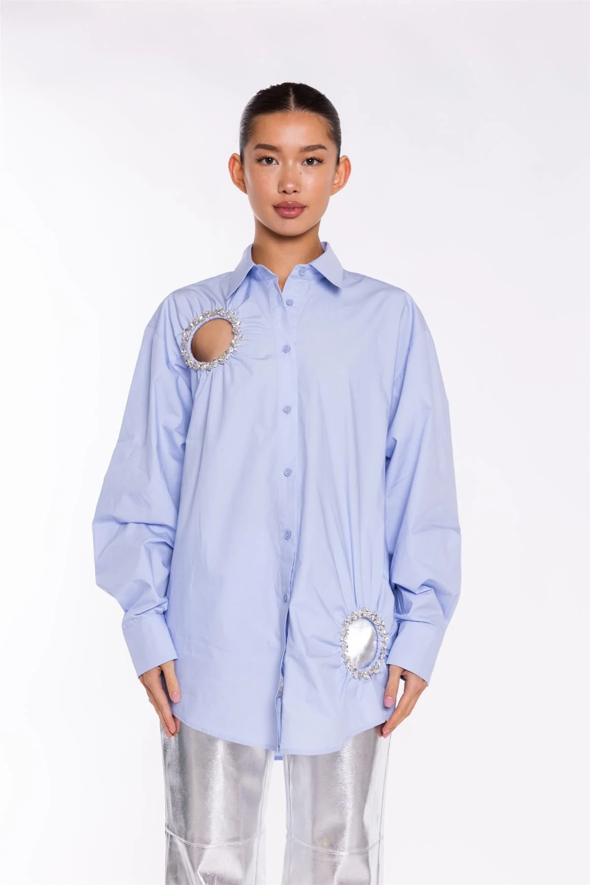 Light-Blue Rhinestone Cut-Out -Shirt - Image 3