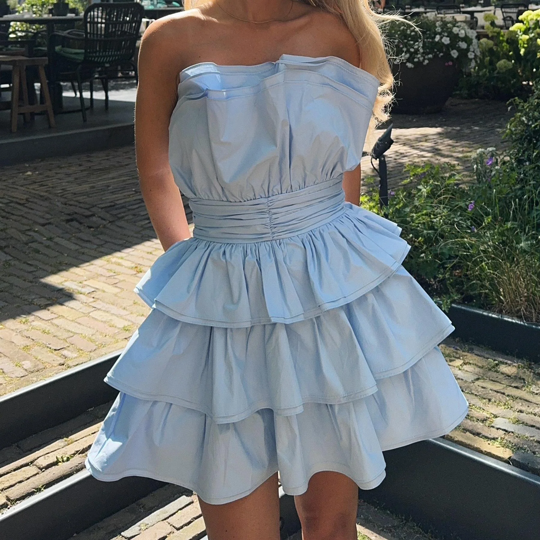 Light Blue Tiered Pleated Mini-Dress - Image 3