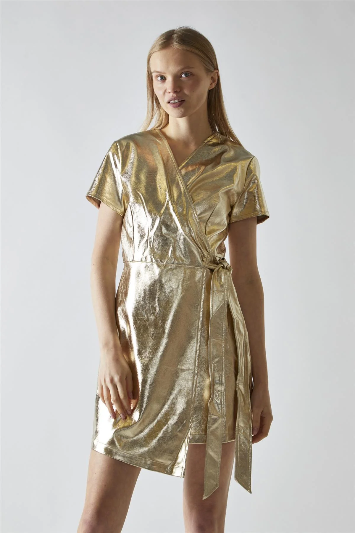 Light-Gold PU Wrap Mini-Dress - Image 3