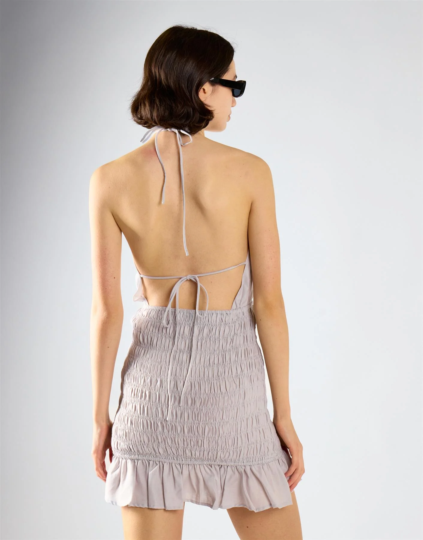 Light-Grey Halter-Neck Shirred Mini Dress - Image 2