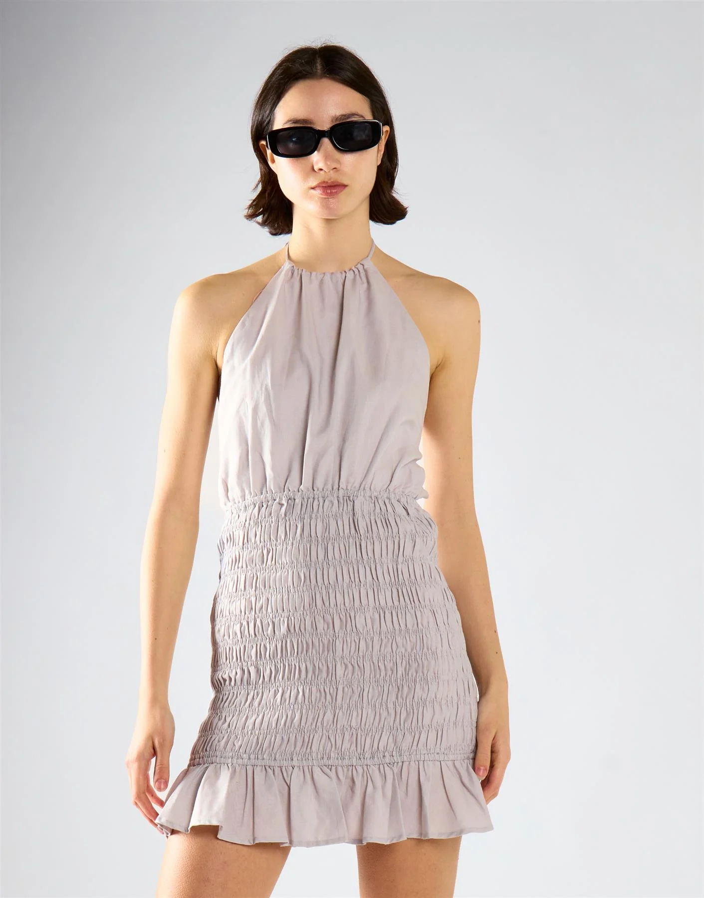 Light-Grey Halter-Neck Shirred Mini Dress - Image 3