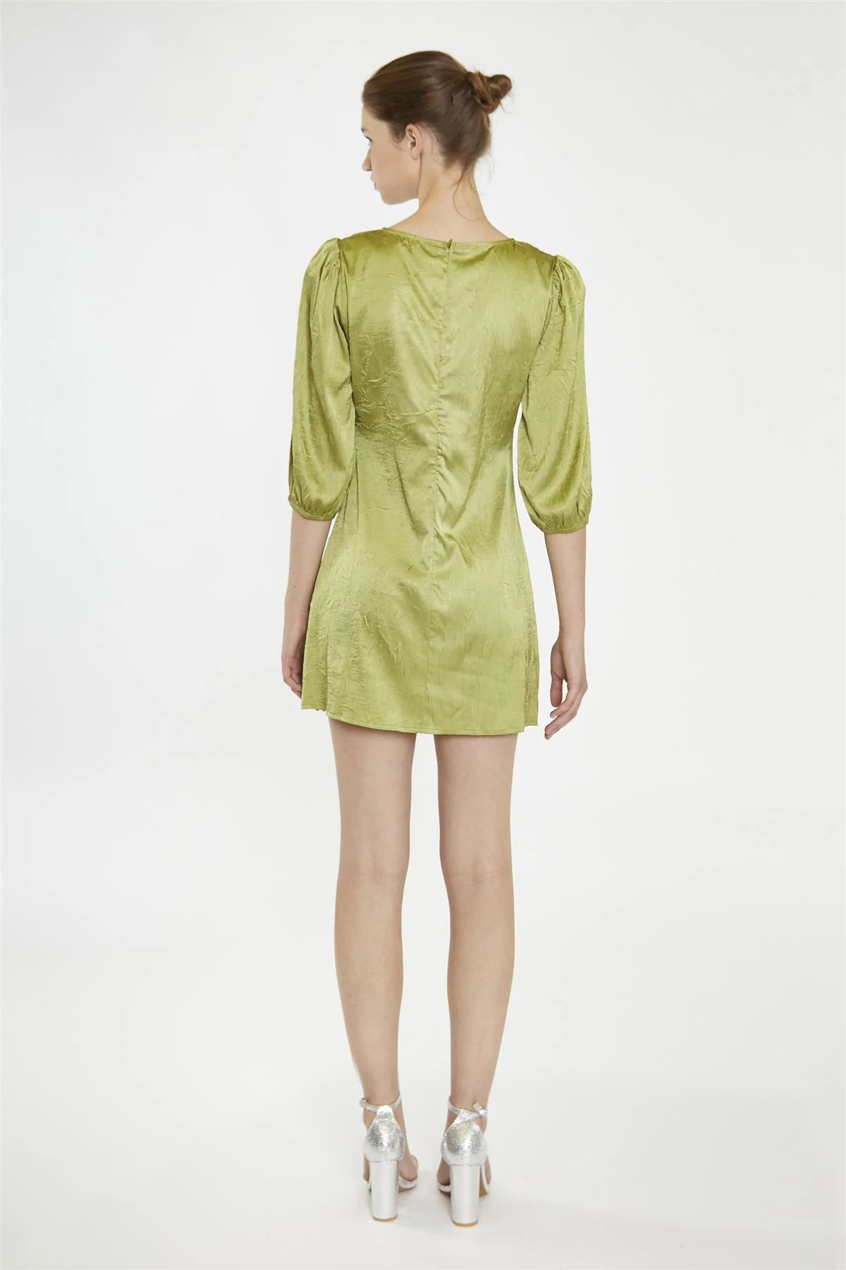Light-Olive V-Neck-Ruched-Front Mini-Dress - Image 2